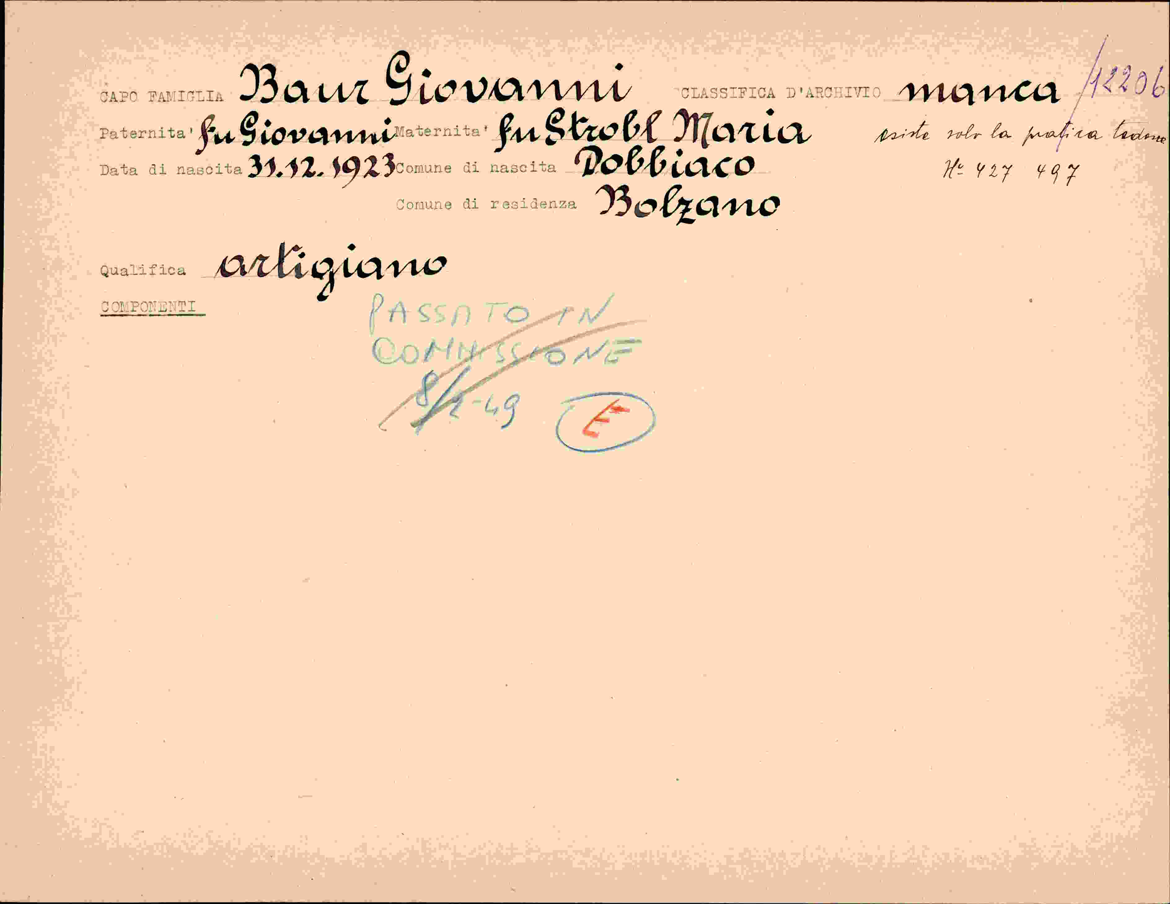 Dokument für Baur Giovanni