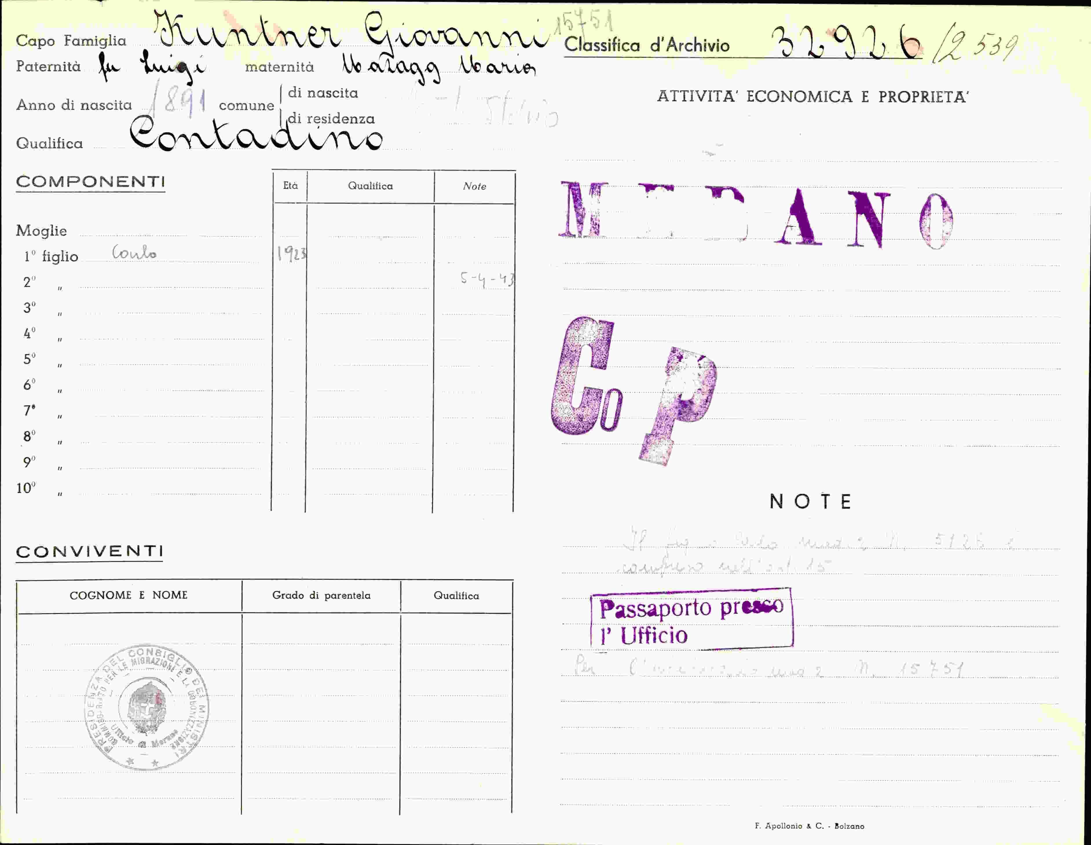 Dokument für Kuntner Giovanni