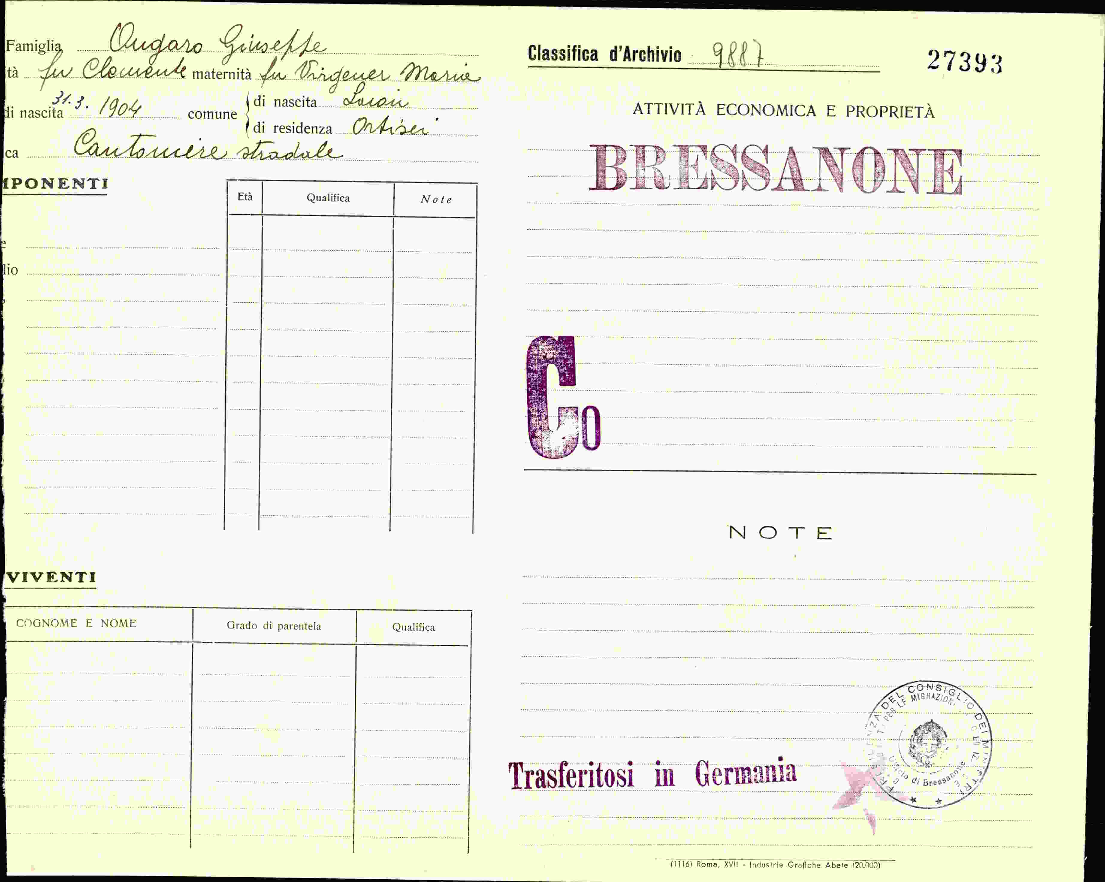 Dokument für Famiglia Angaro Giuseppe