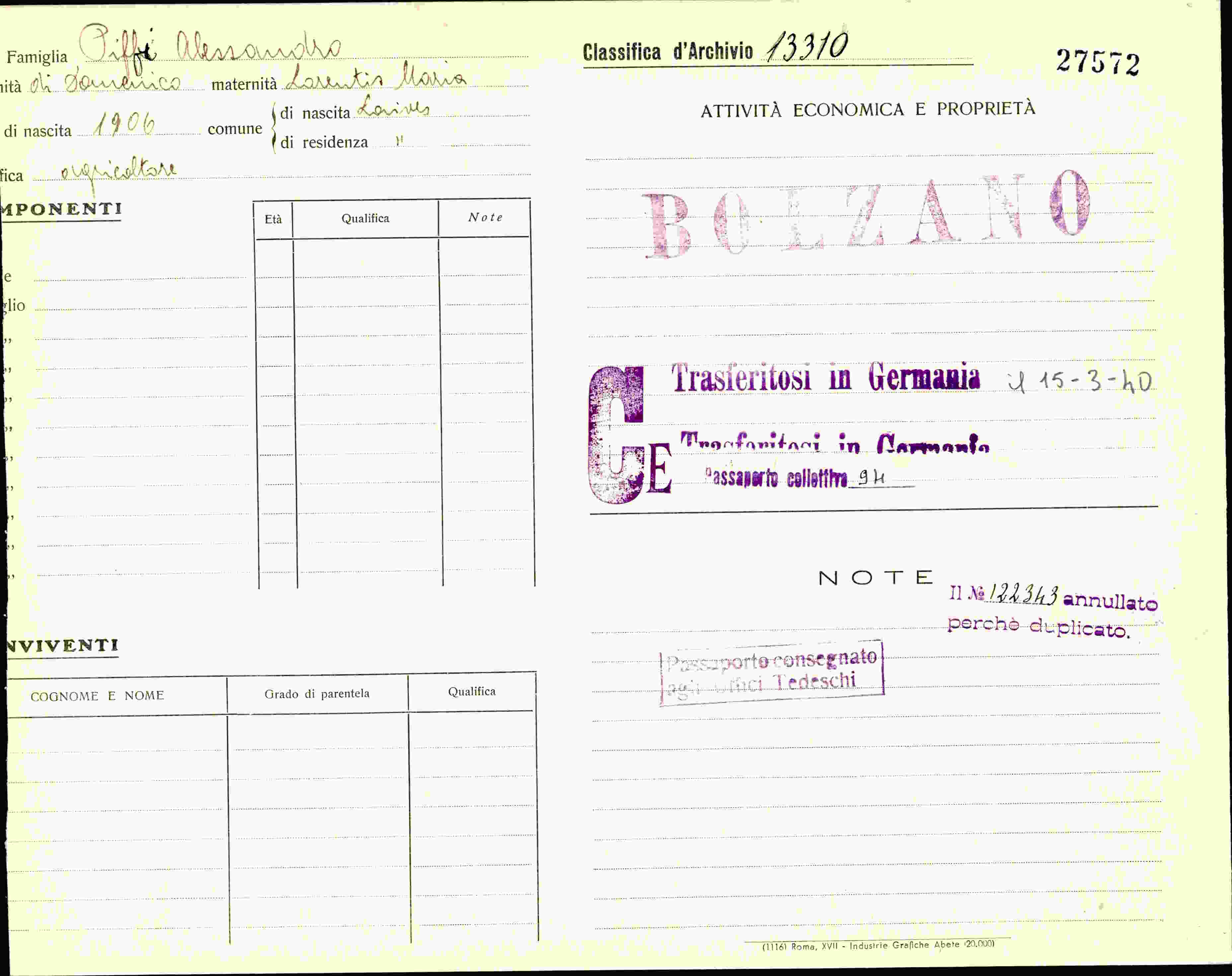 Dokument für Famiglia Fiffer Alessandro