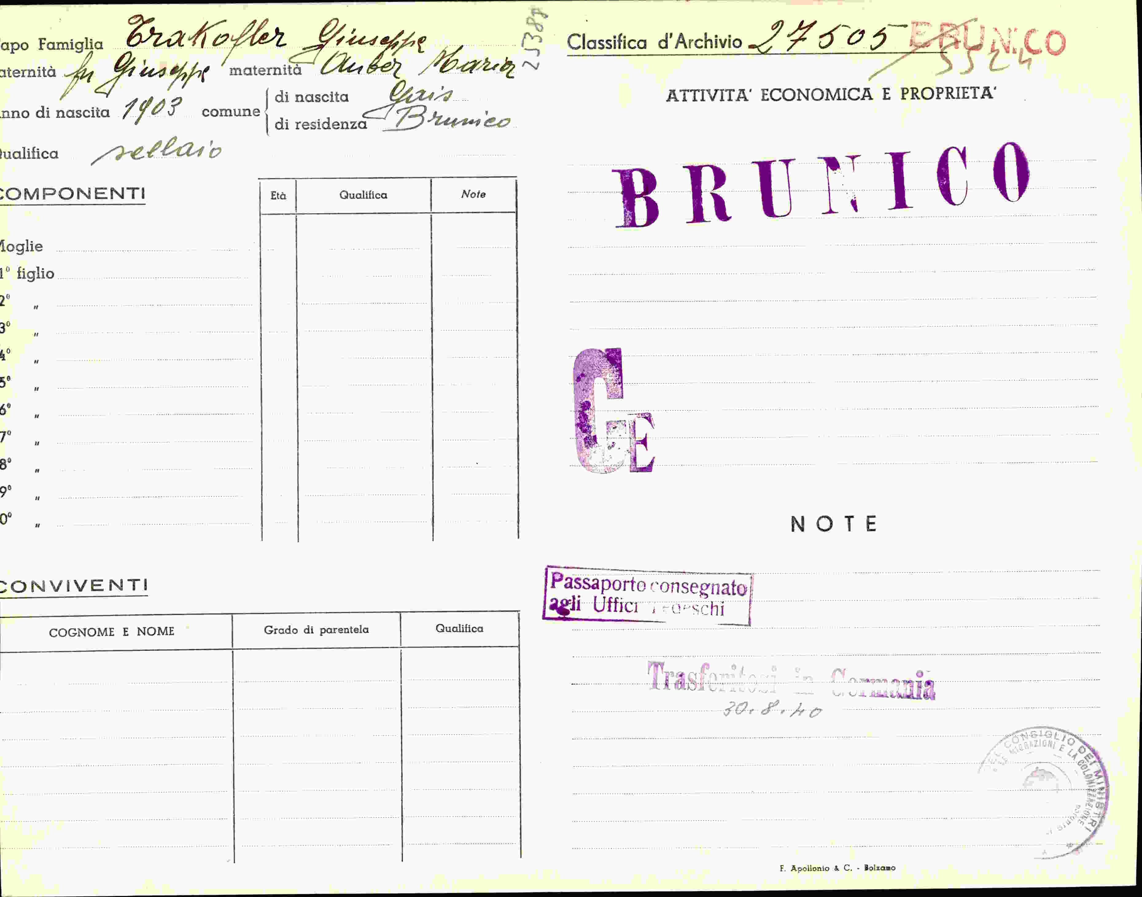Dokument für Tratofler Giuseppe