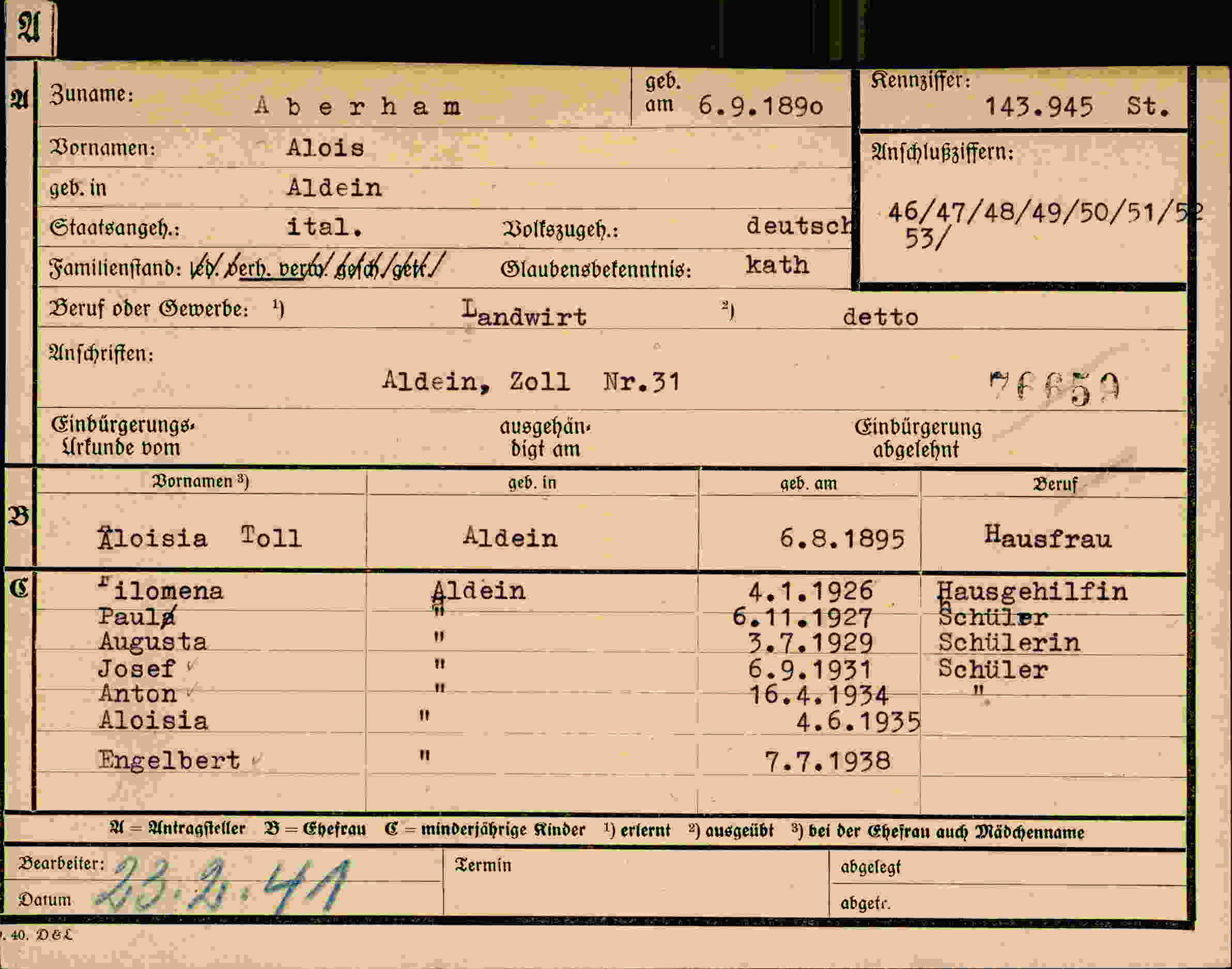Dokument für Alois Aberham