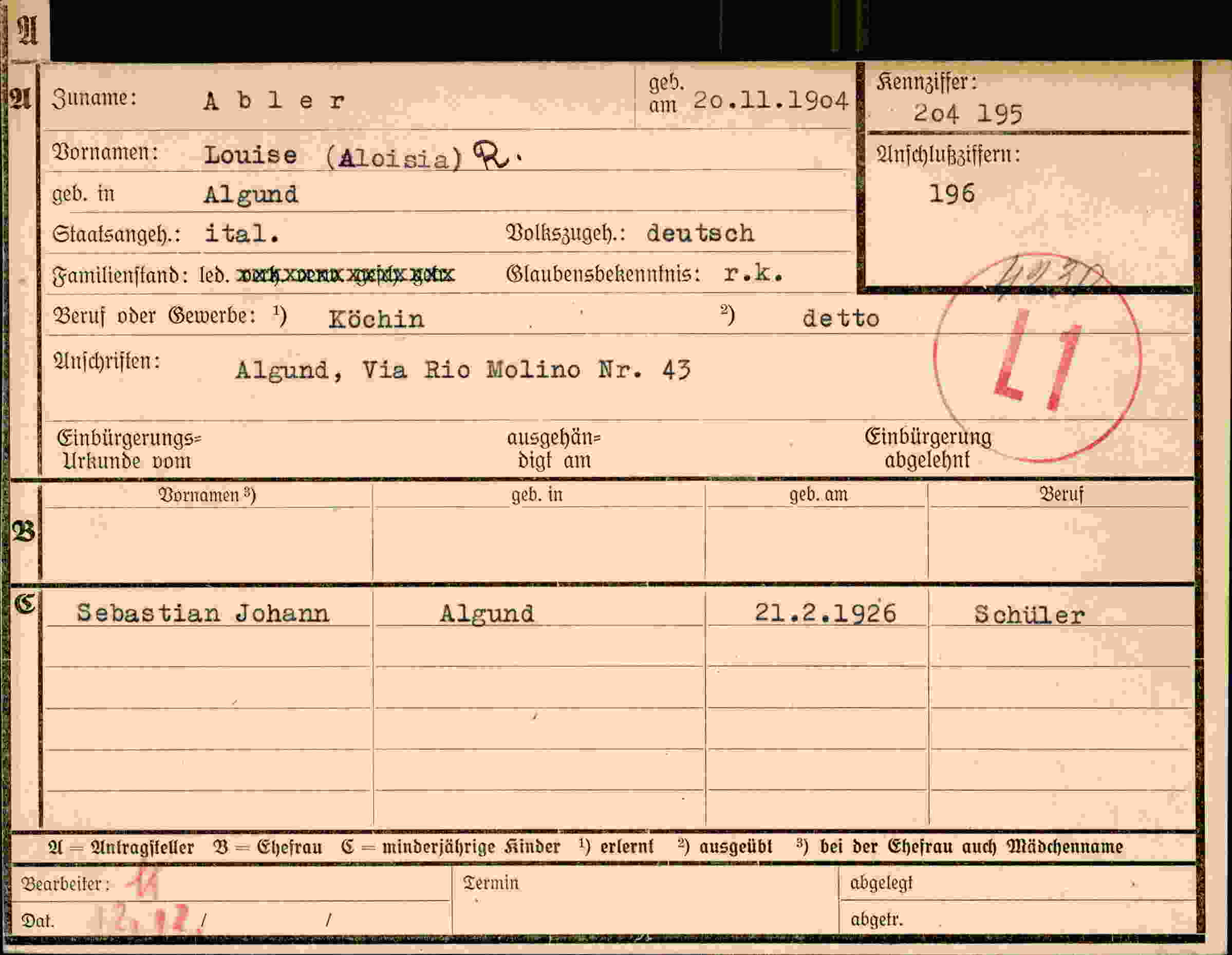 Dokument für Aloisia Abler