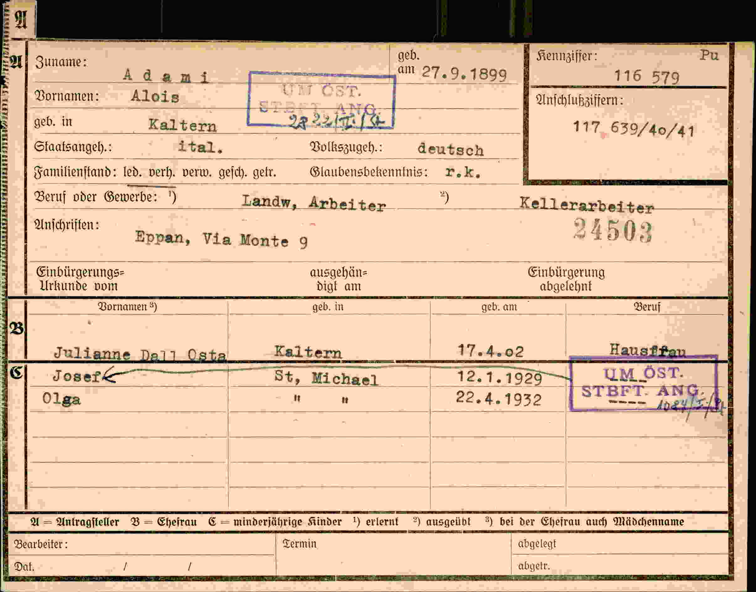 Dokument für Alois Adami