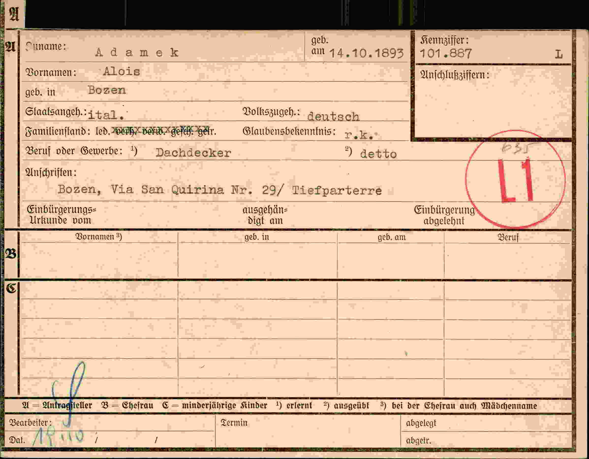 Dokument für Alois Adamek