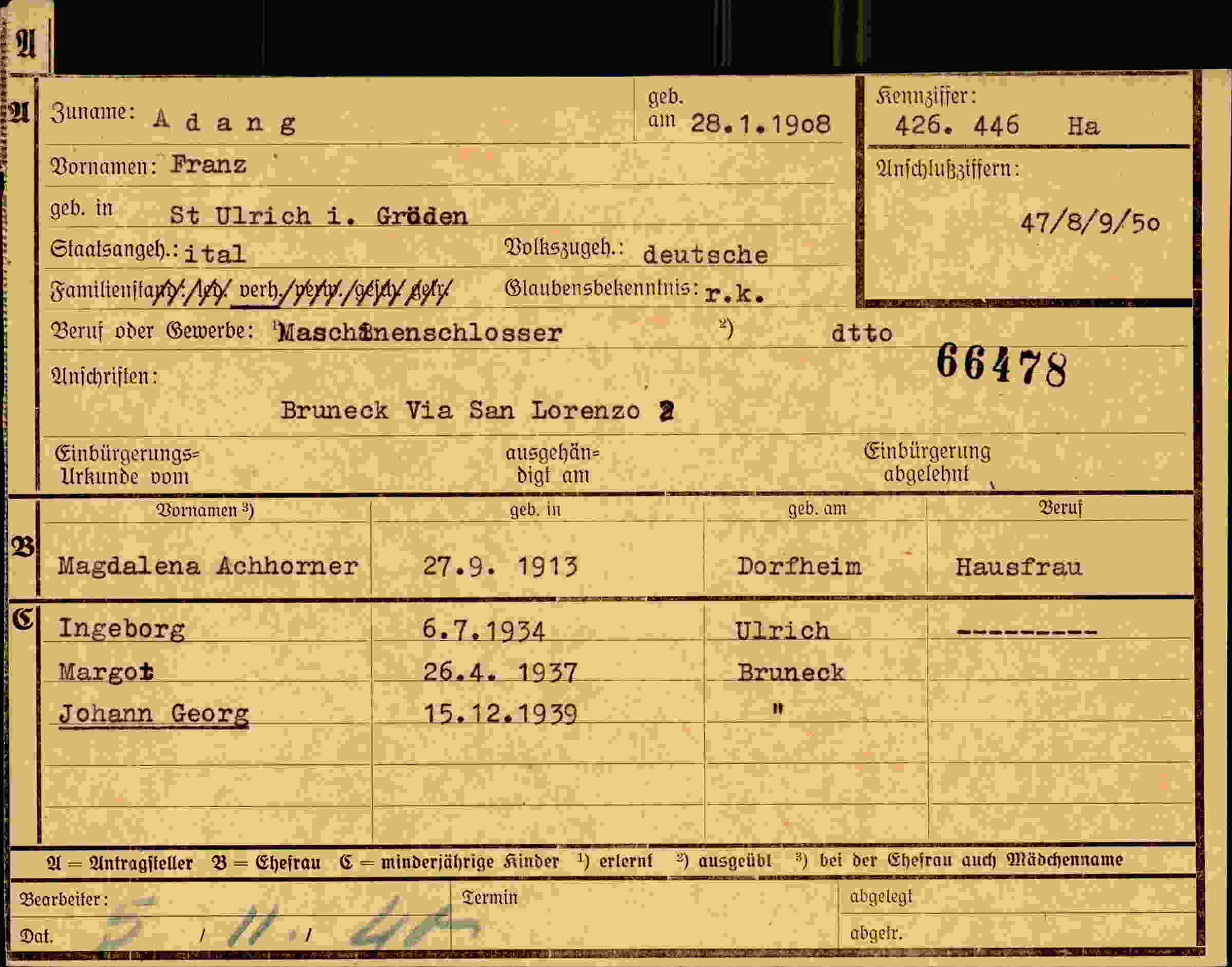 Dokument für Franz Adang