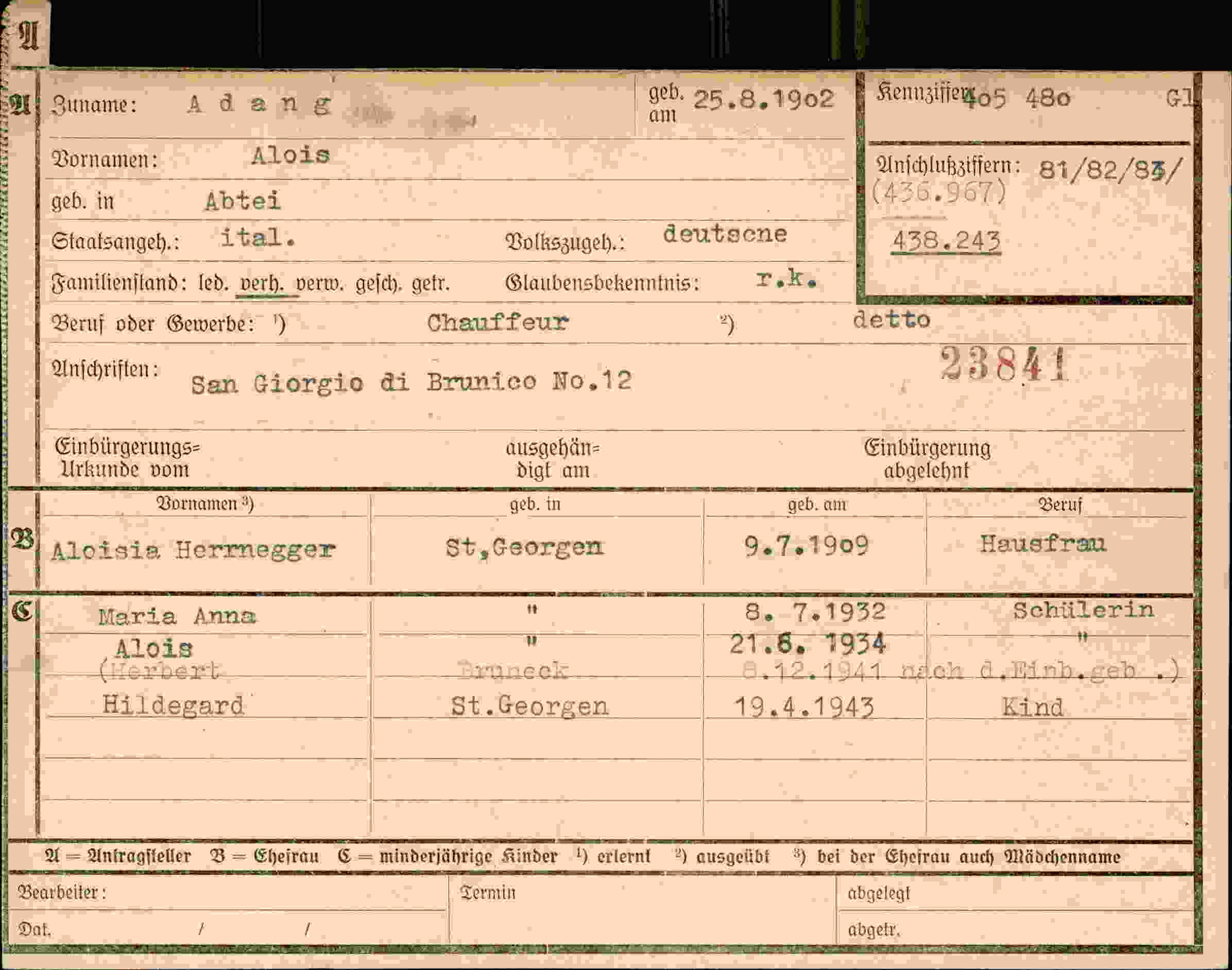 Dokument für Alois Adang