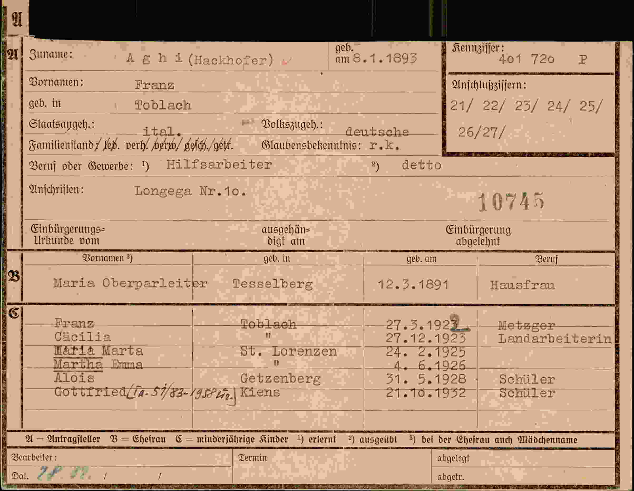Dokument für Franz Aghi