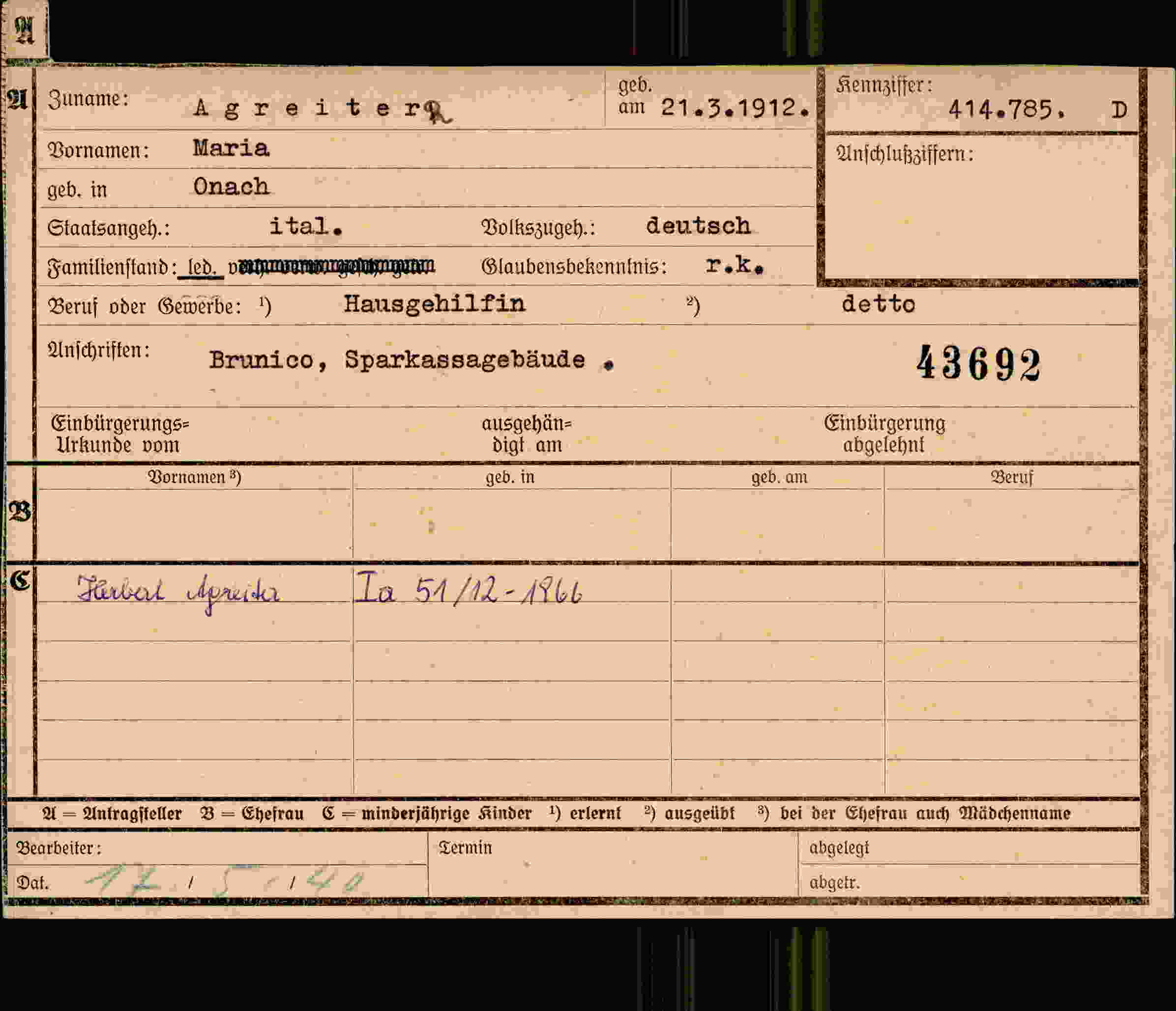 Dokument für Maria Agreiter