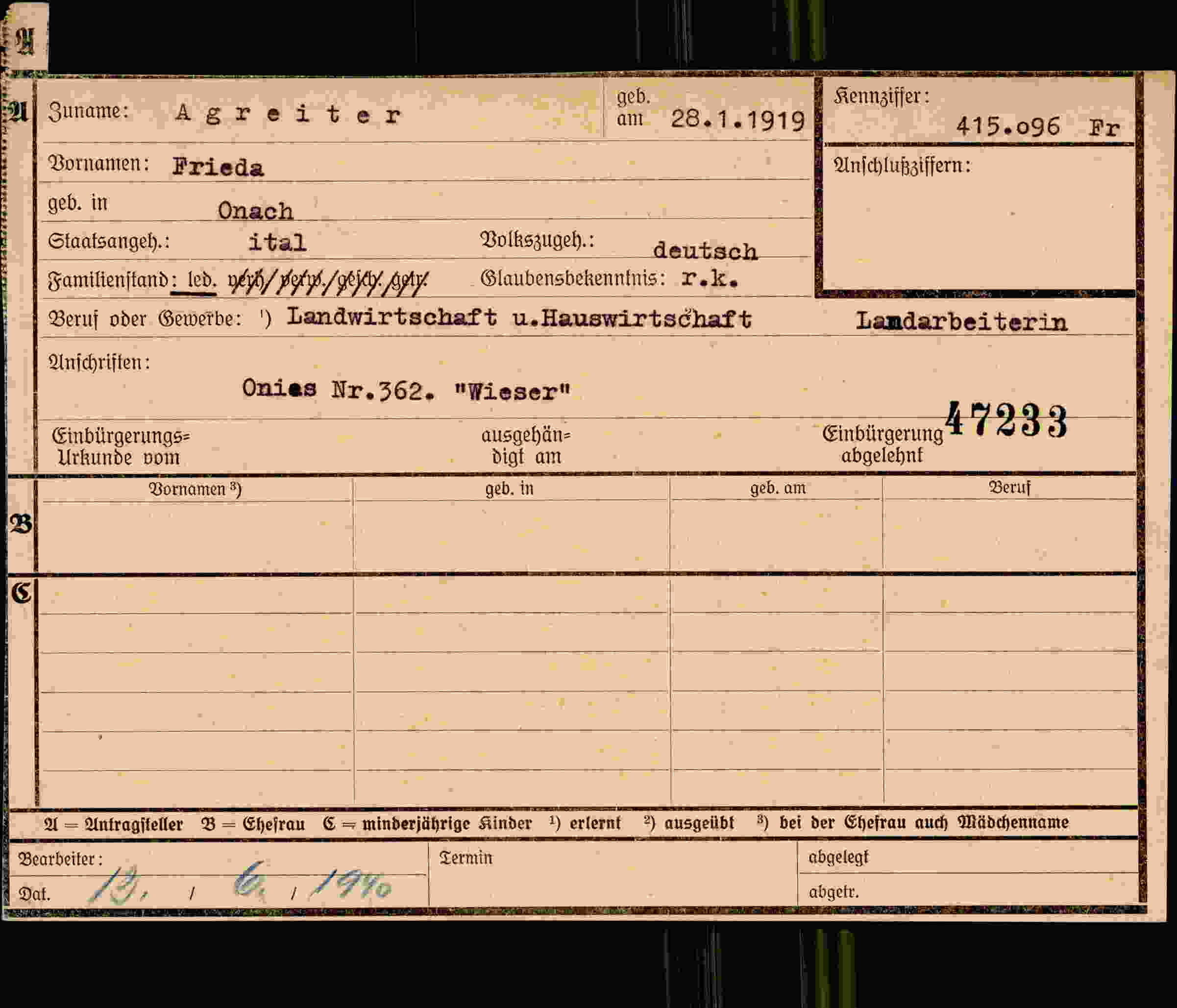 Dokument für Frieda Agreiter