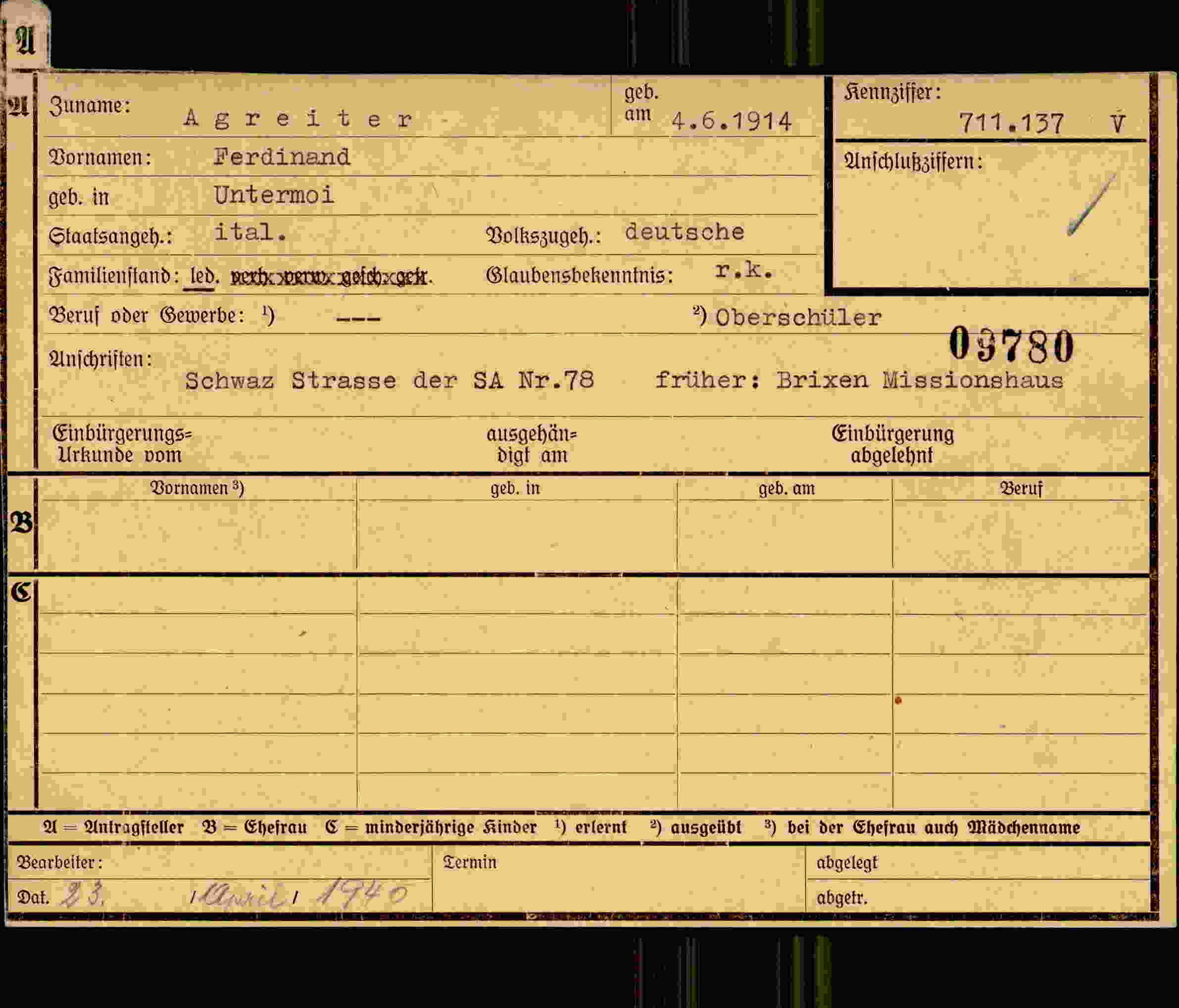 Dokument für Ferdinand Agreiter