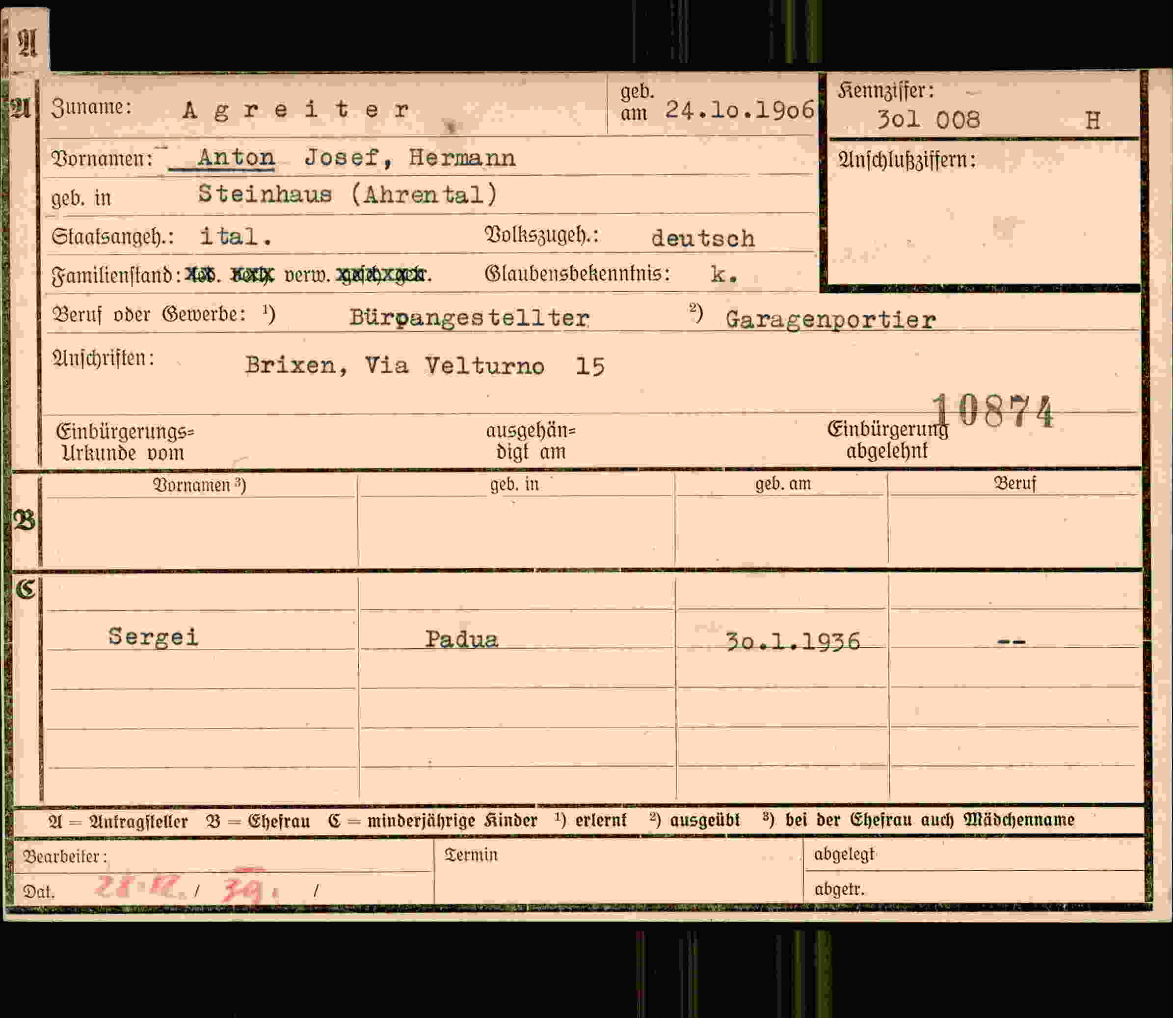 Dokument für Anton Josef Hermann Agreiter