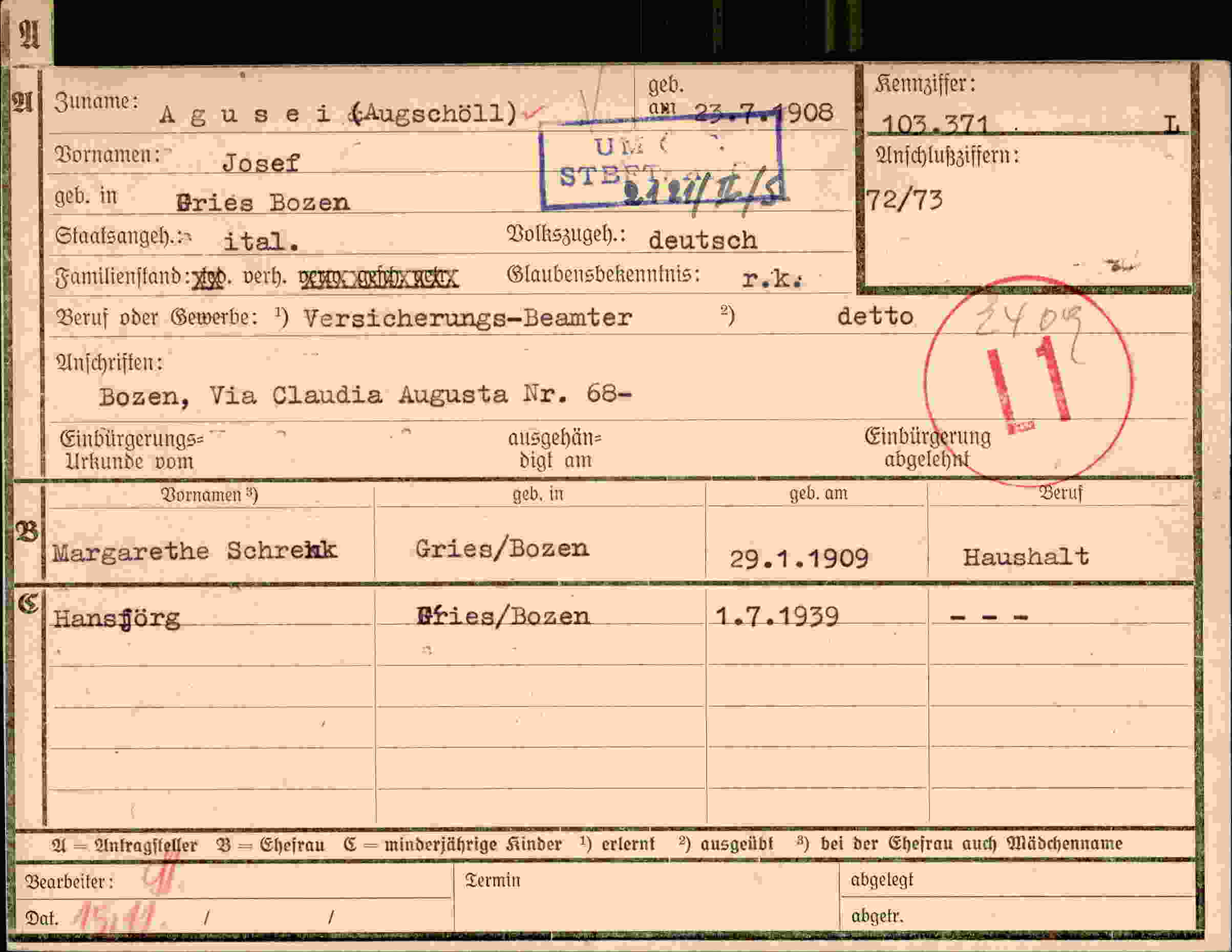 Dokument für Josef Agusei