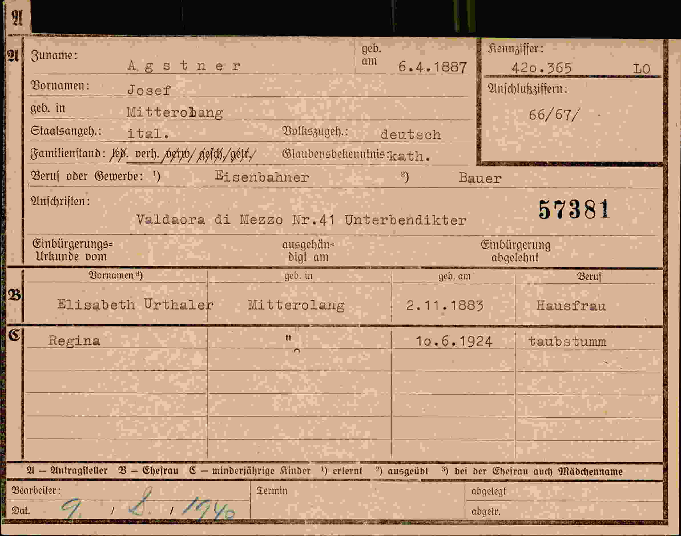 Dokument für Josef Agstner