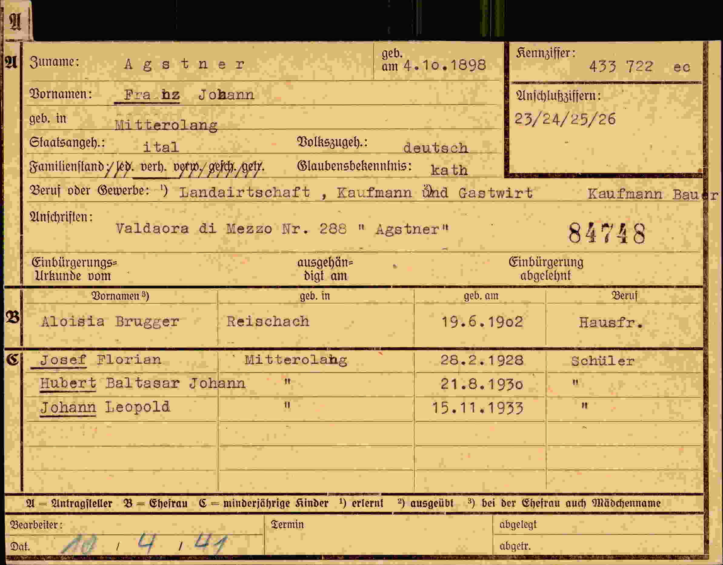 Dokument für Johann Agstner