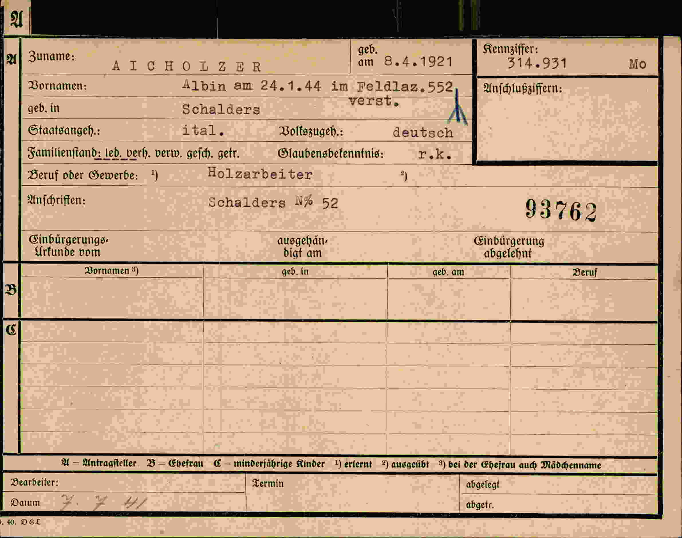 Dokument für Albin Aicholzer