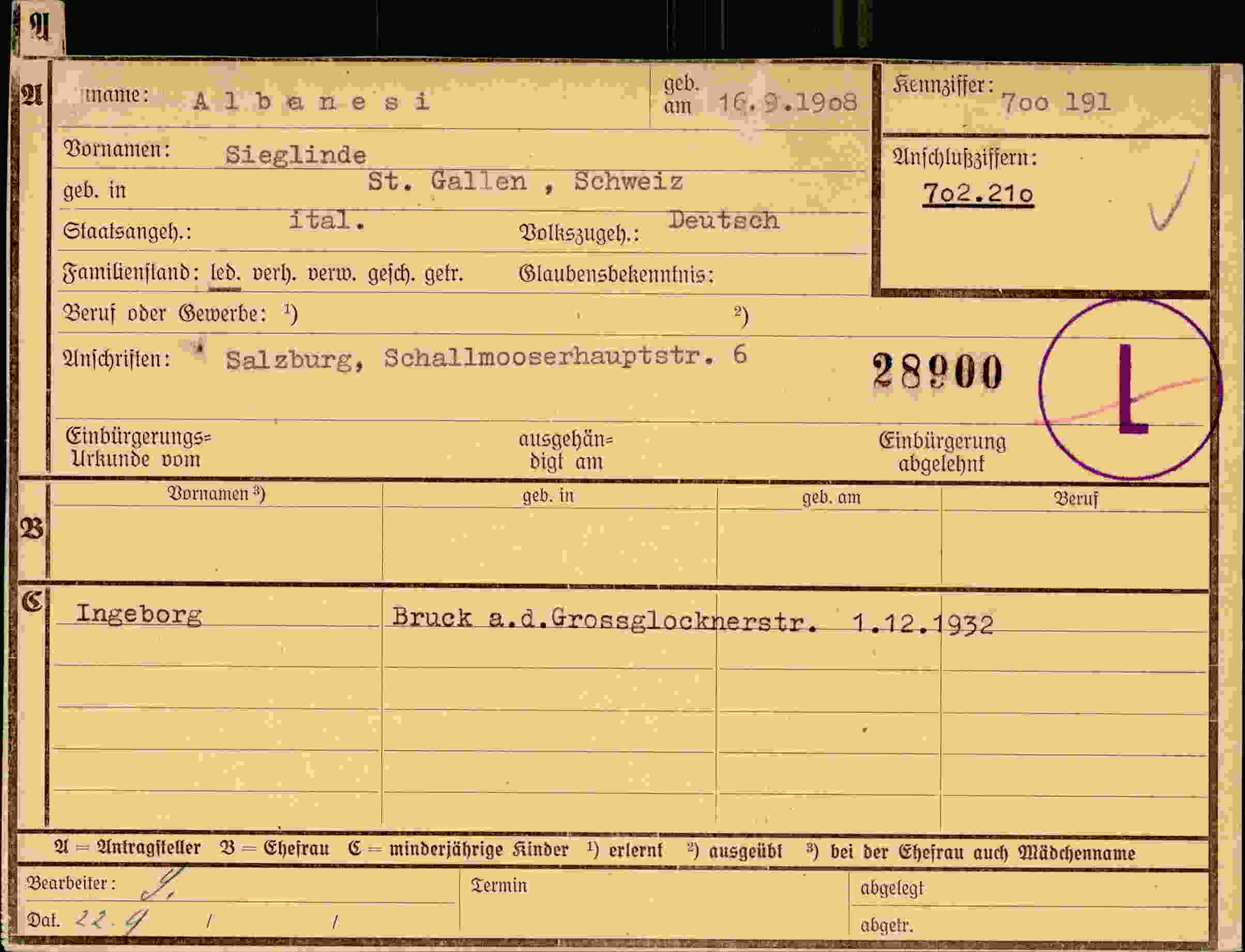 Dokument für Sieglinde Albanesi