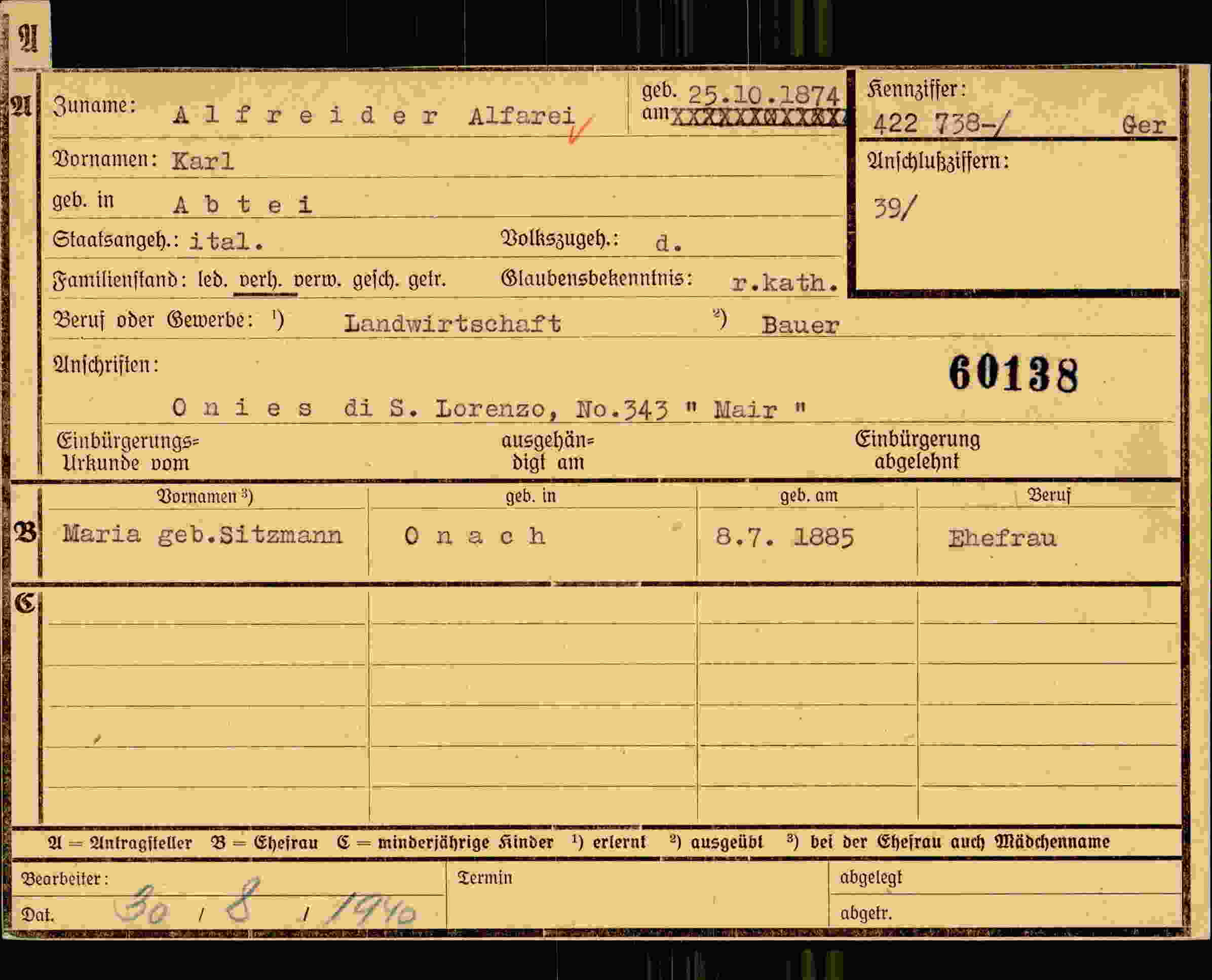 Dokument für Karl Alfreider Alfarei