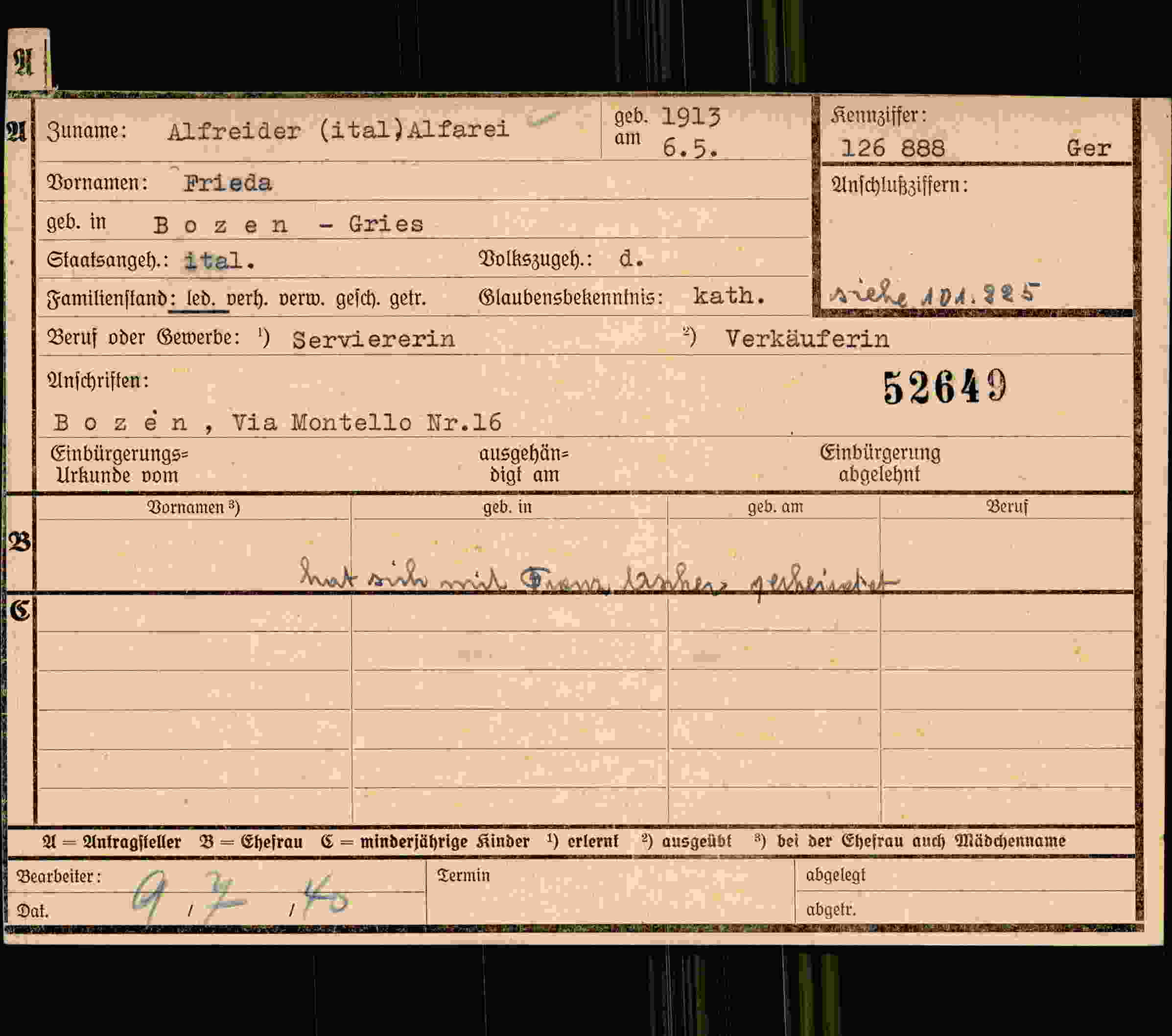 Dokument für Frieda Alfreider