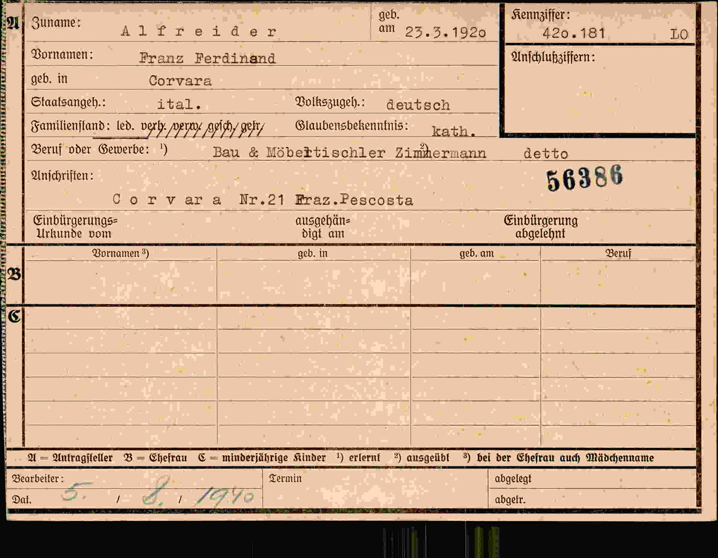 Dokument für Franz Ferdinand Alfreider