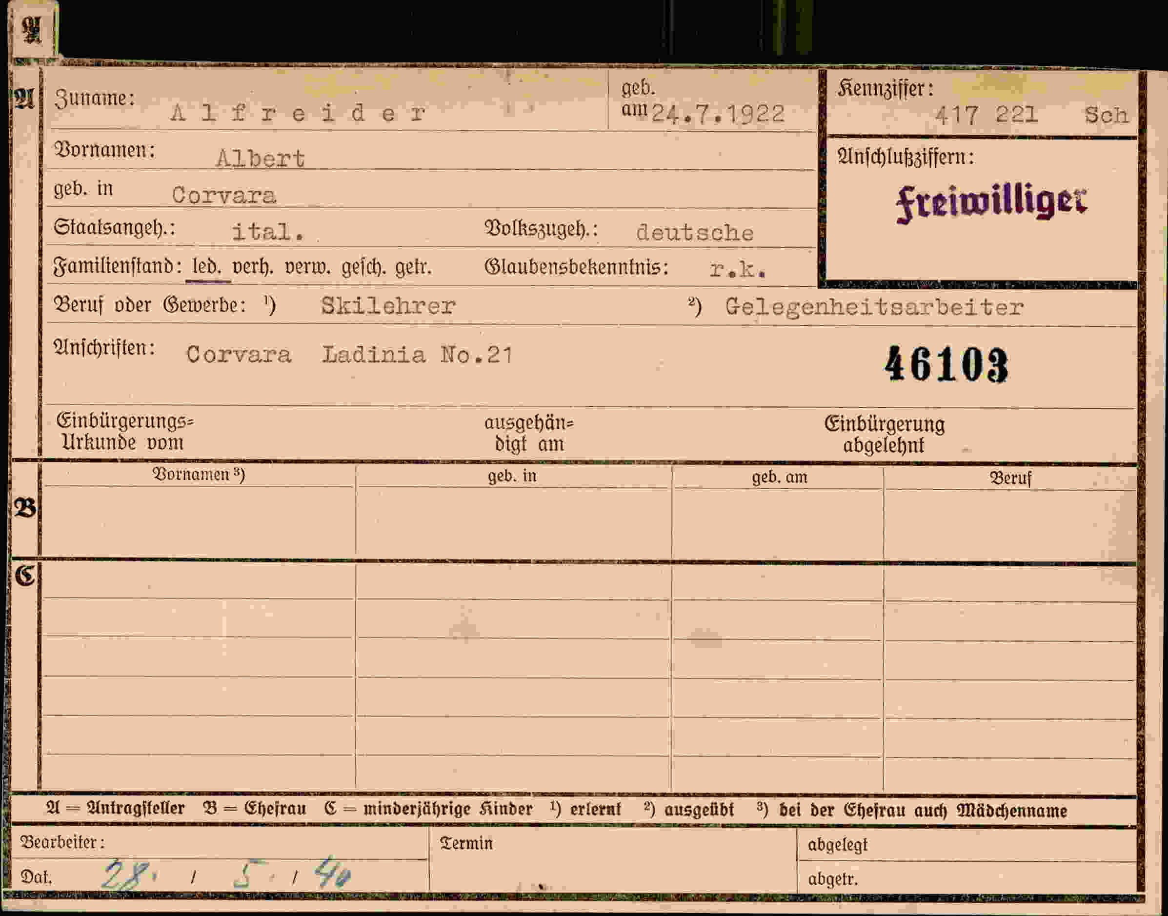 Dokument für Albert Alfreider