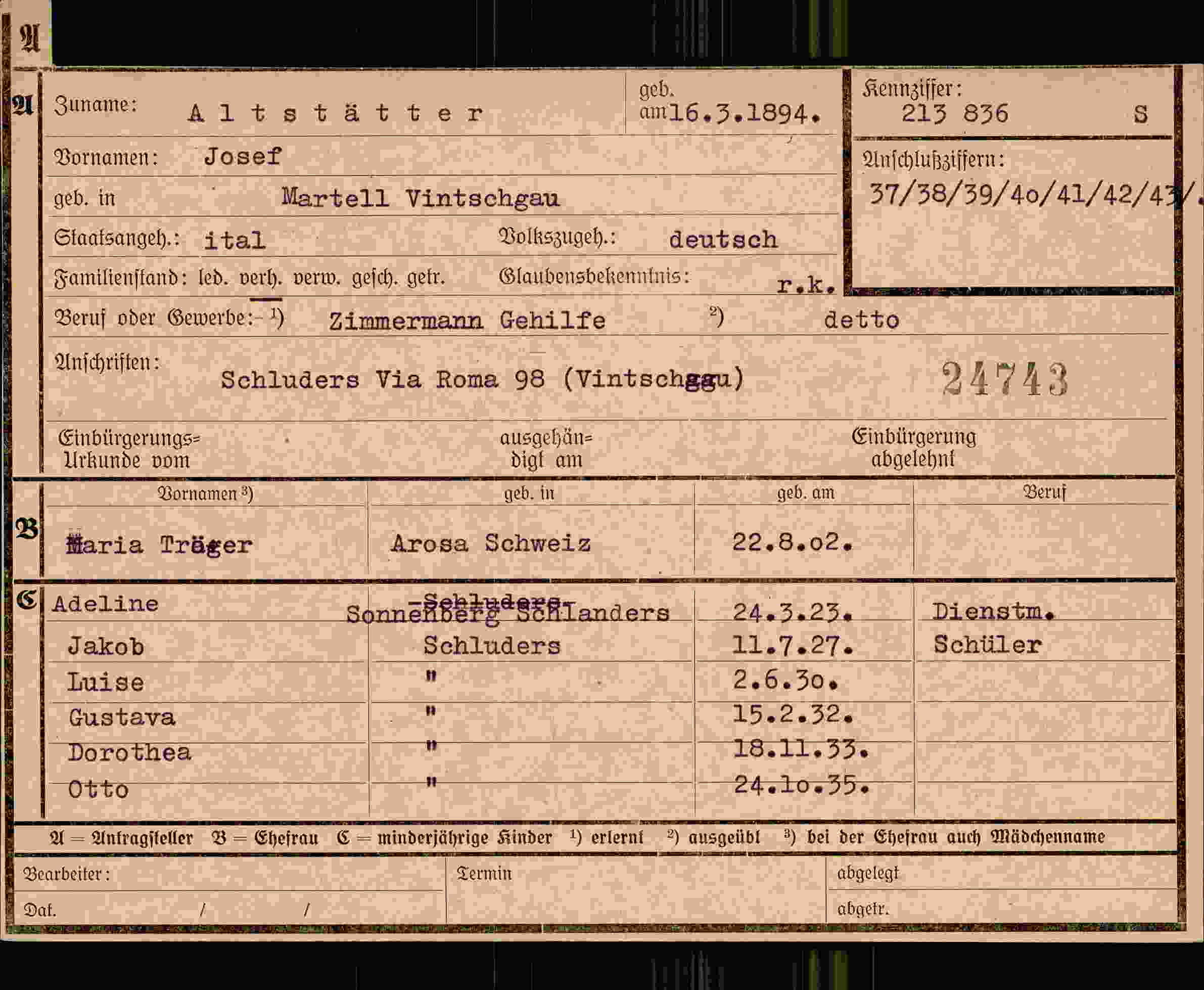 Dokument für Josef Altstätter