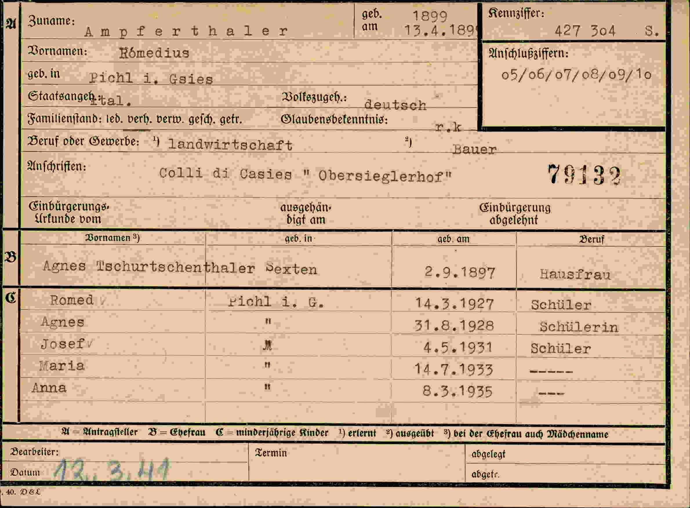 Dokument für Rómedius Ampferthaler