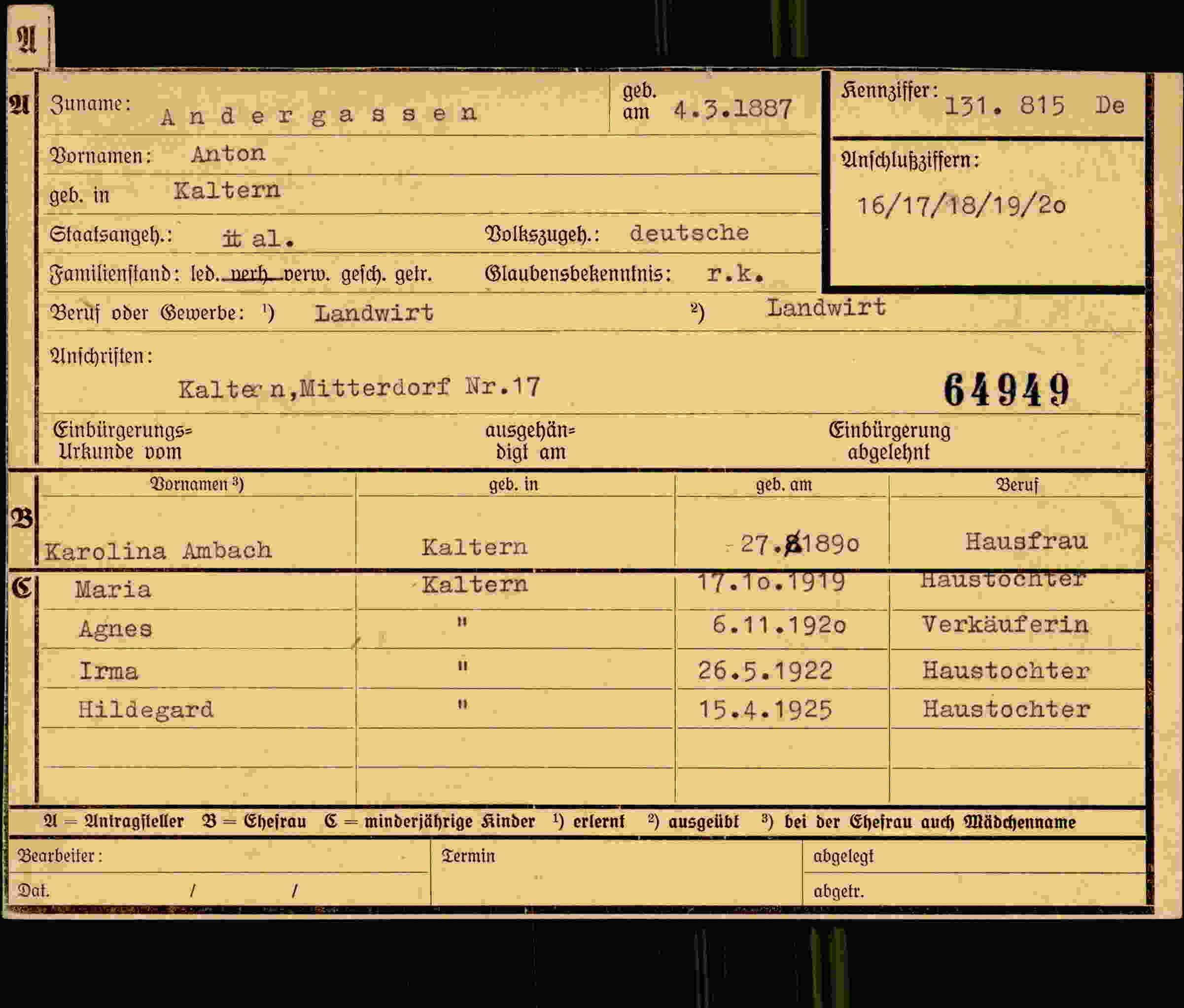 Dokument für Anton Andergassen