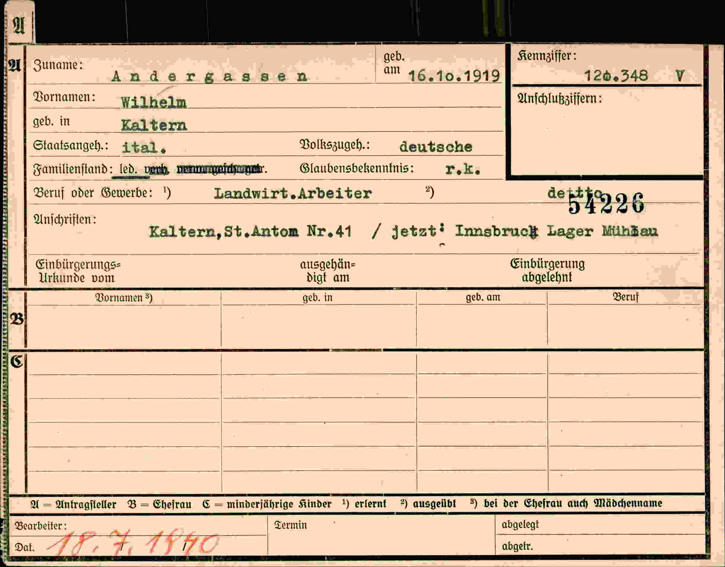 Dokument für Wilhelm Andergassen