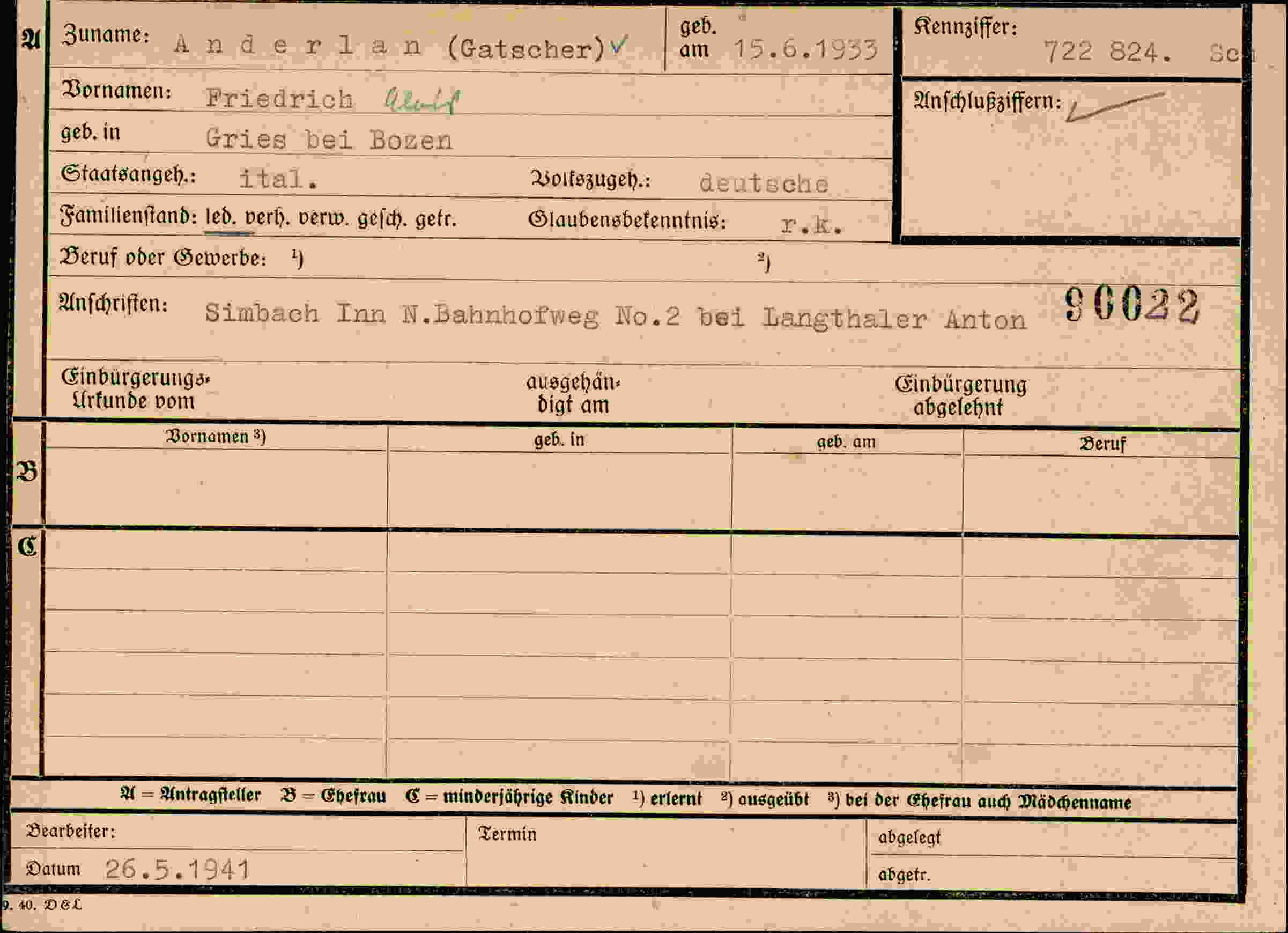 Dokument für Friedrich Alois Anderlan Gatscher