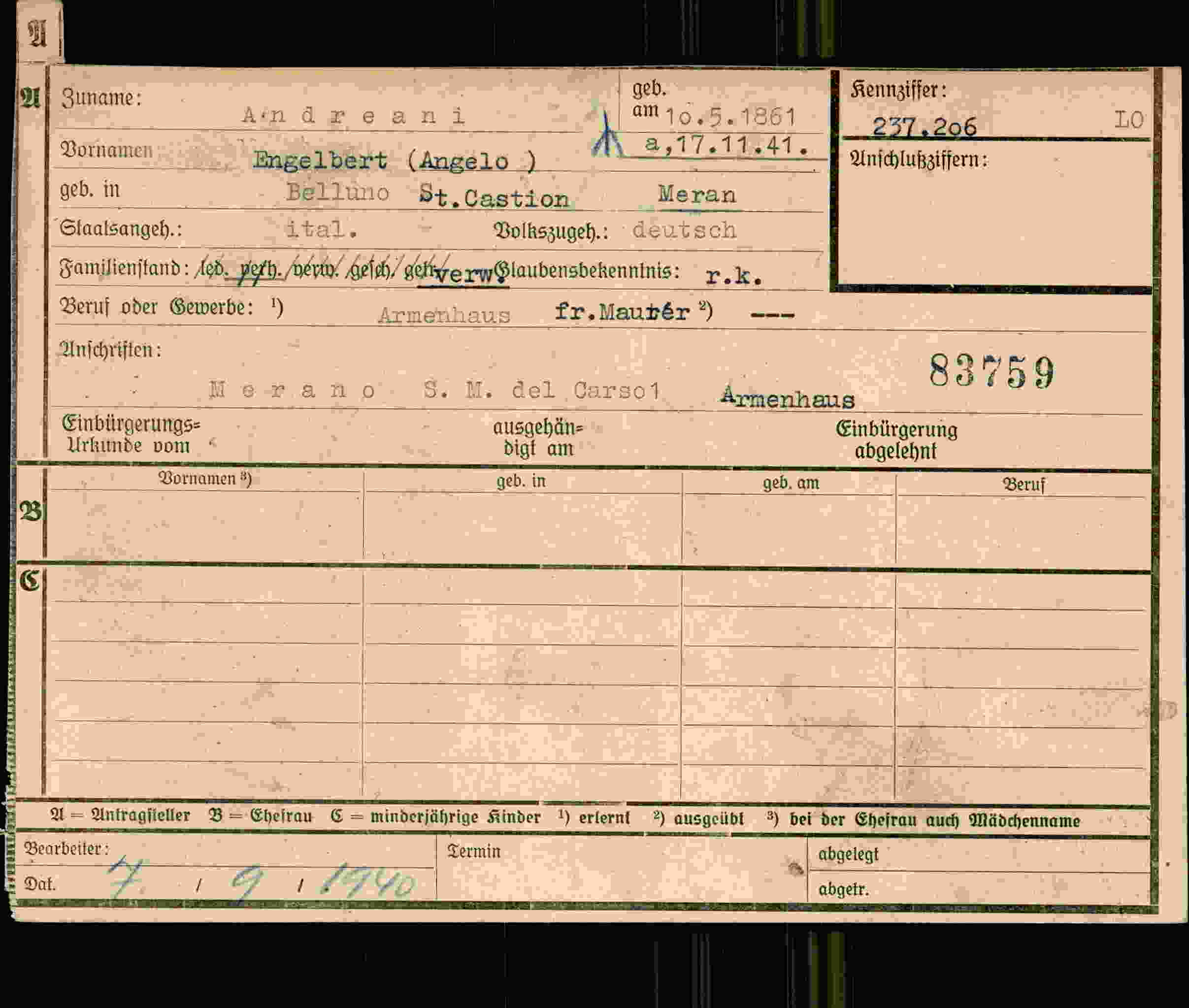Dokument für Engelbert Angelo Andreani