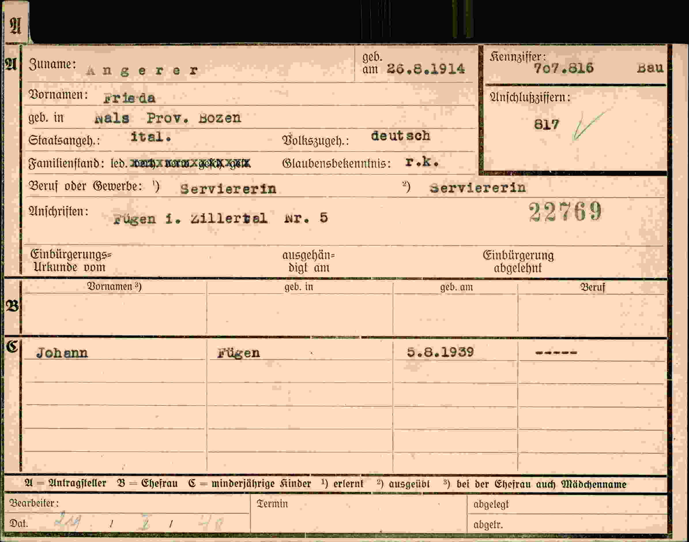 Dokument für Frieda Angerer