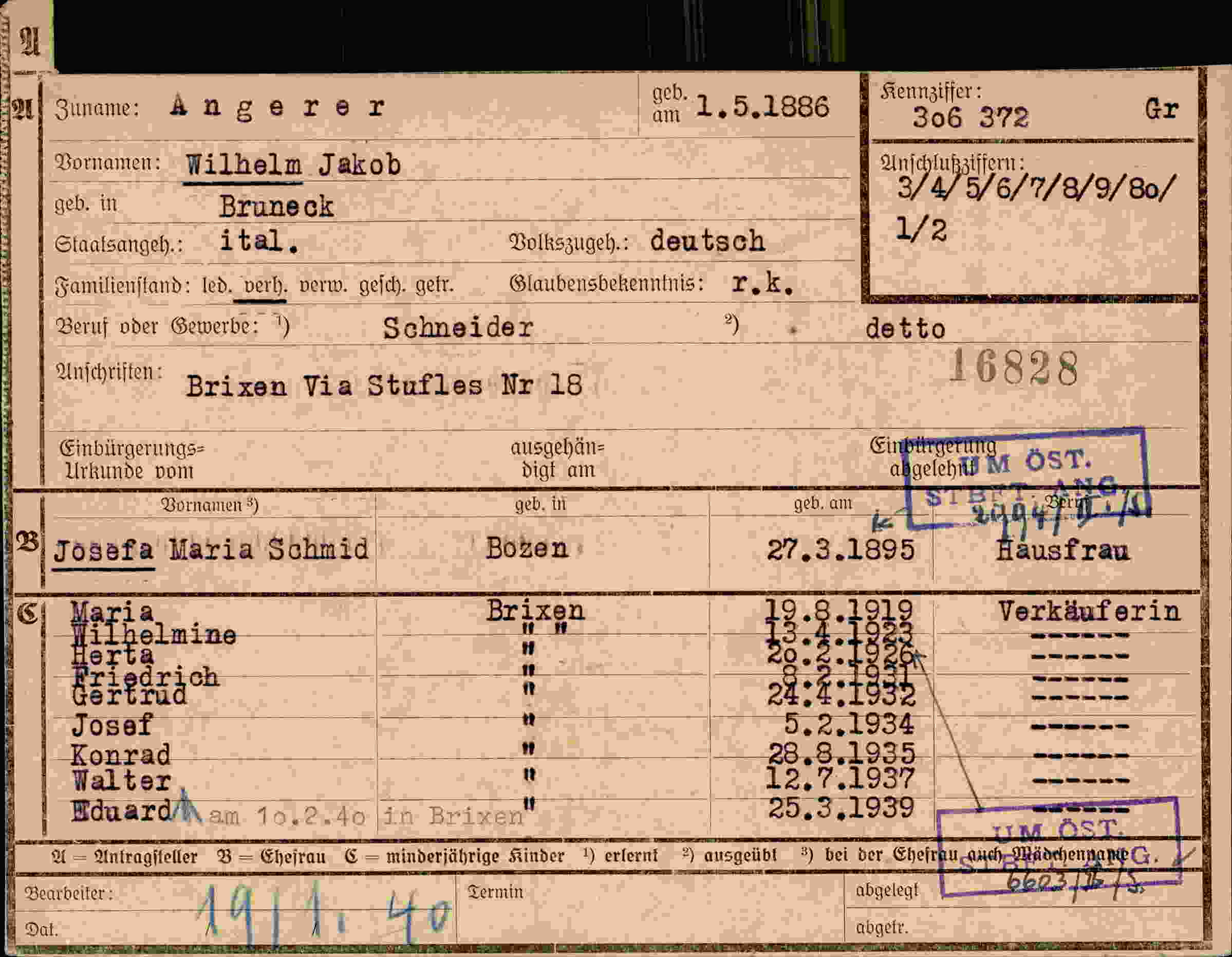 Dokument für Wilhelm Jakob Angerer