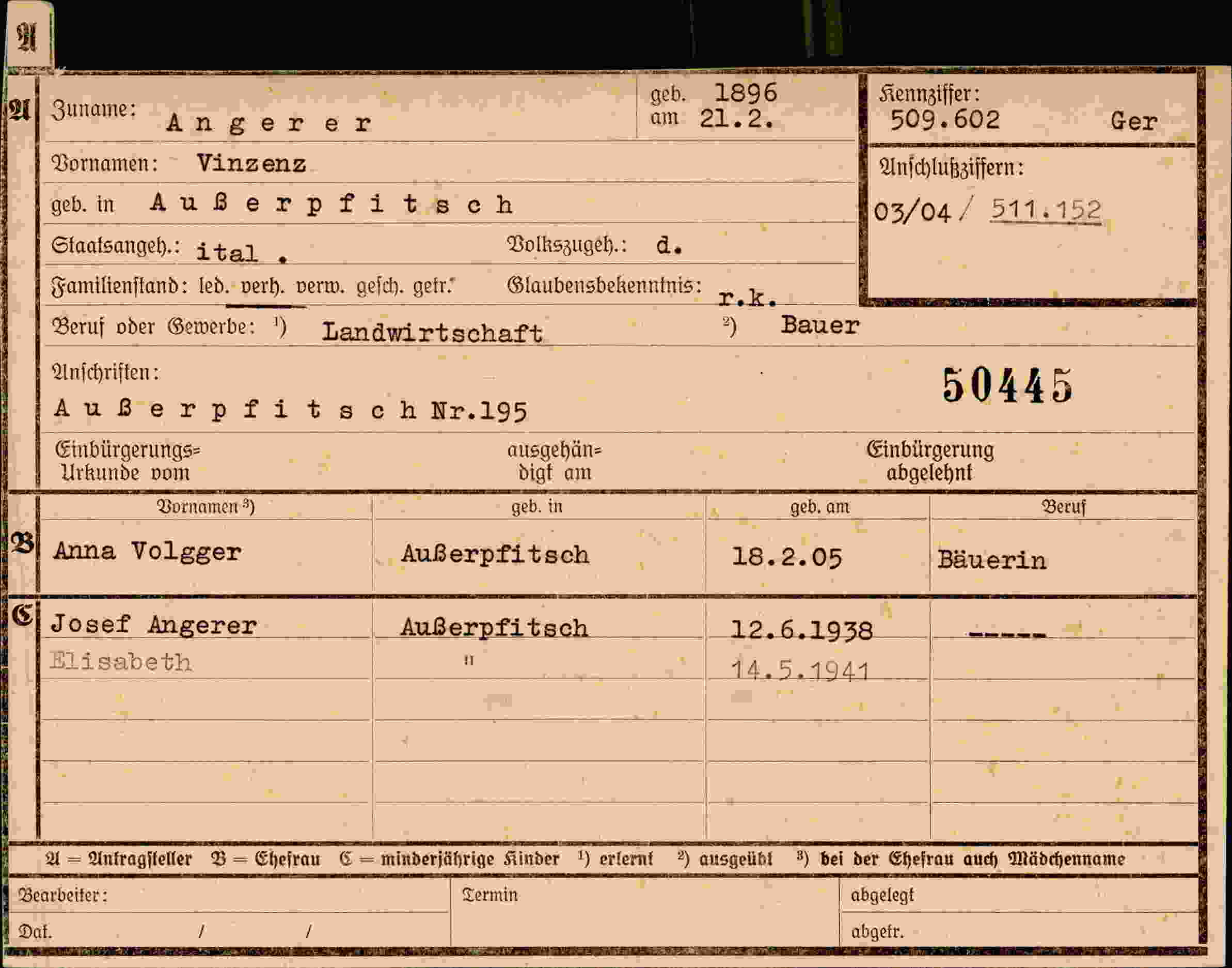 Dokument für Vinzenz Angerer