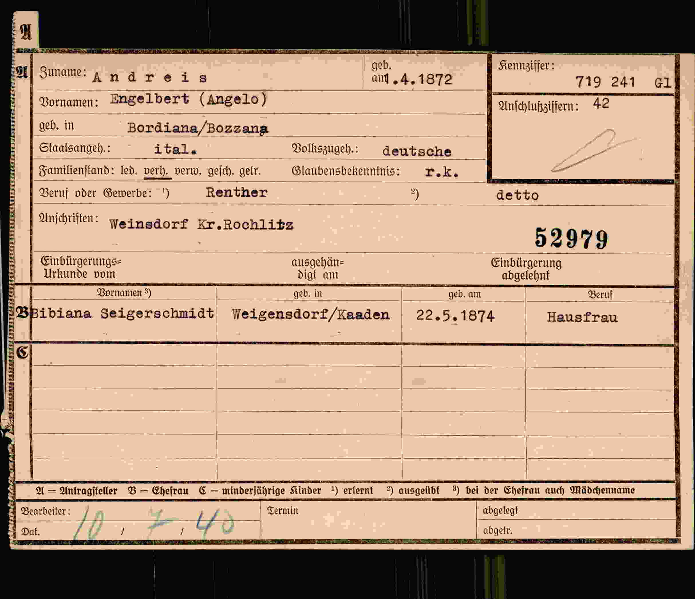 Dokument für Engelbert Angelo Andreis