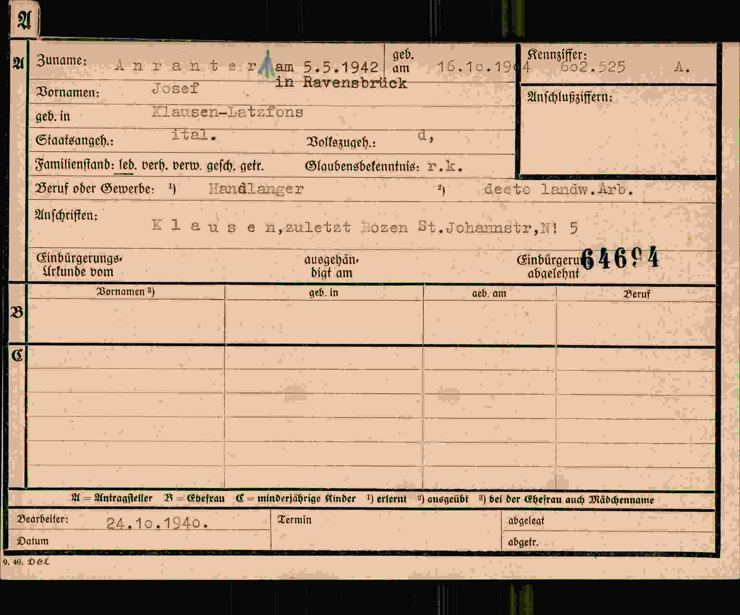 Dokument für Josef Anranter