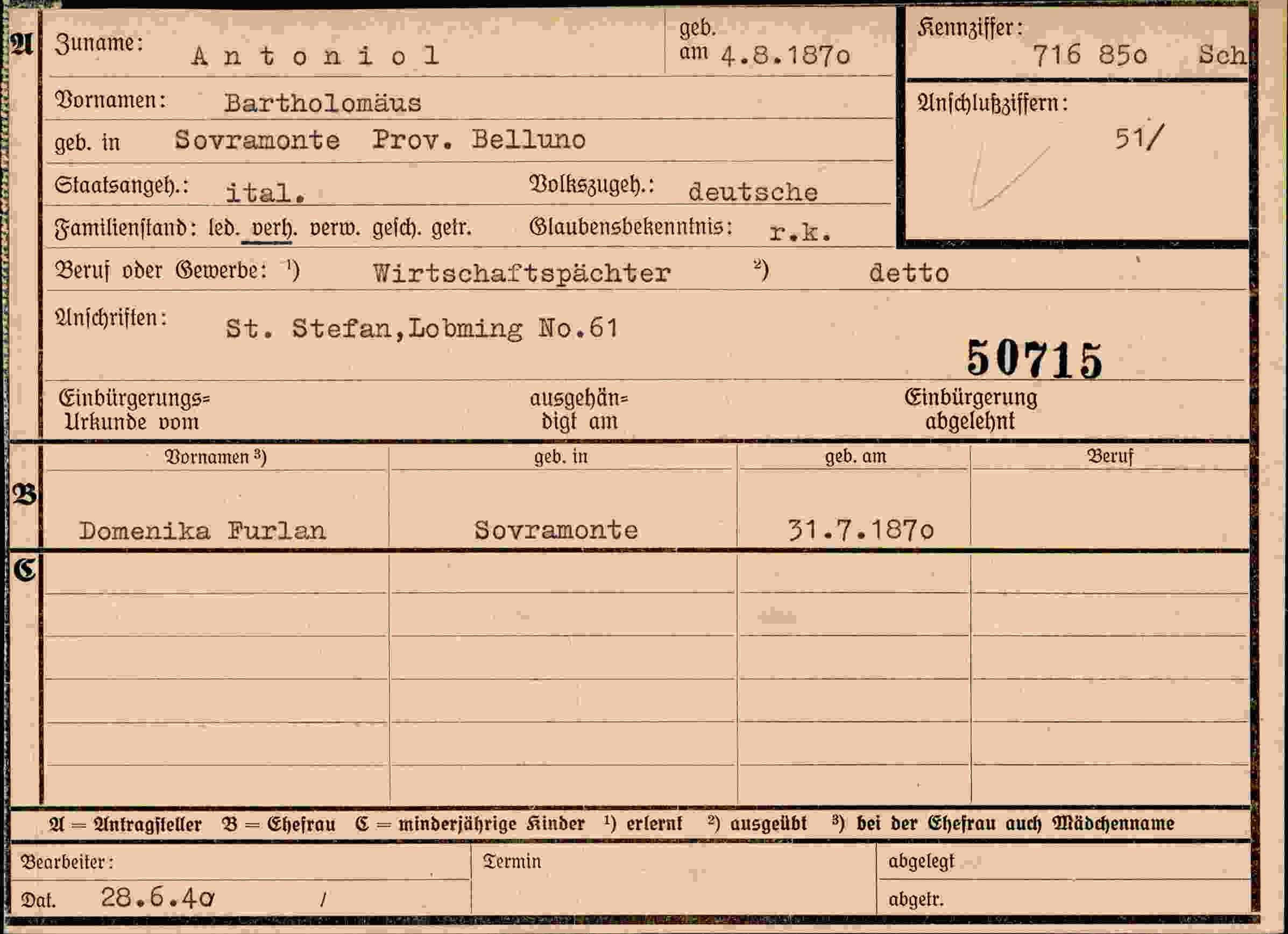 Dokument für Bartholomäus Antoniol