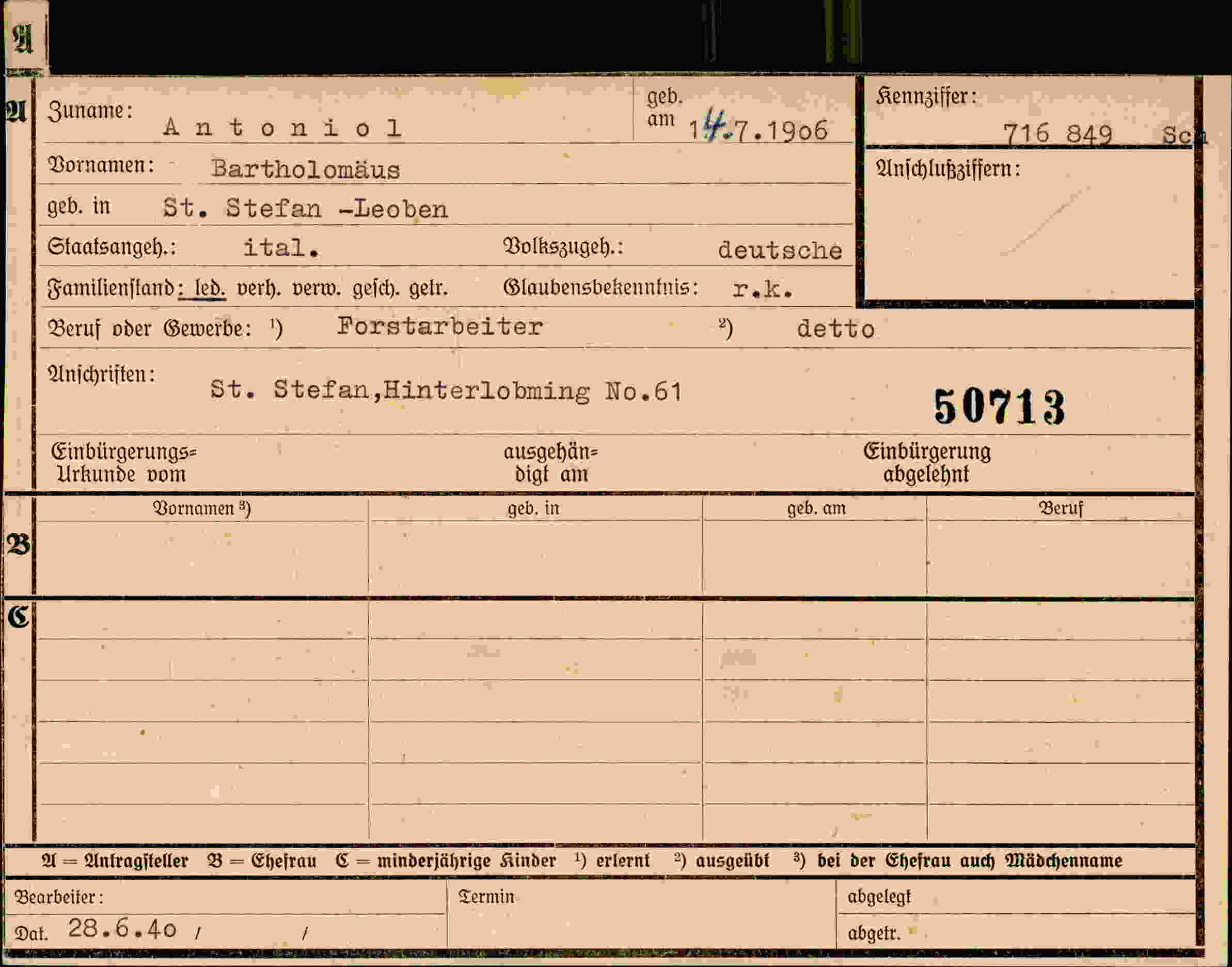 Dokument für Bartholomäus Antoniol