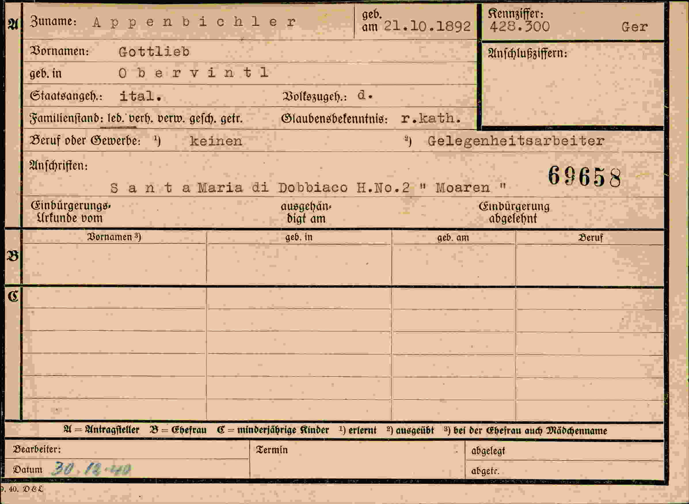 Dokument für Gottlieb Appenbichler