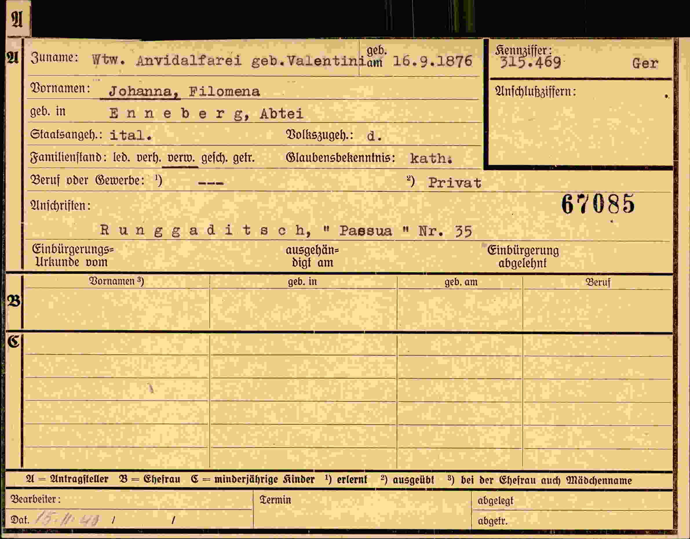 Dokument für Johanna Filomena Anvidalfarei