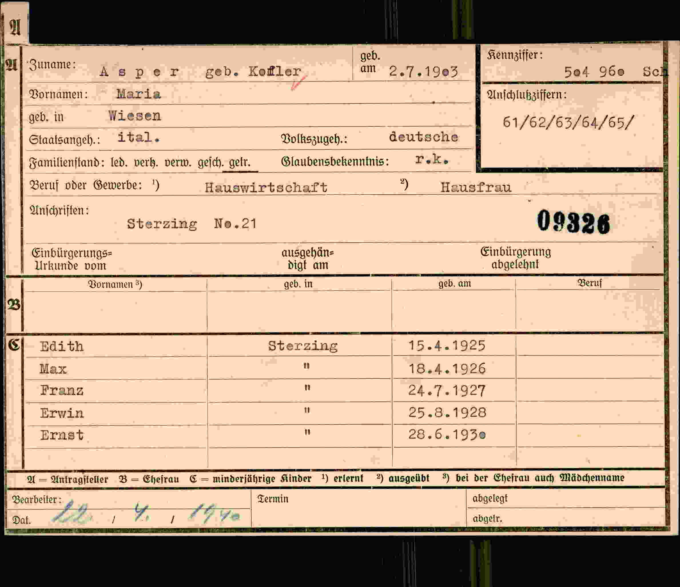 Dokument für Maria Asper