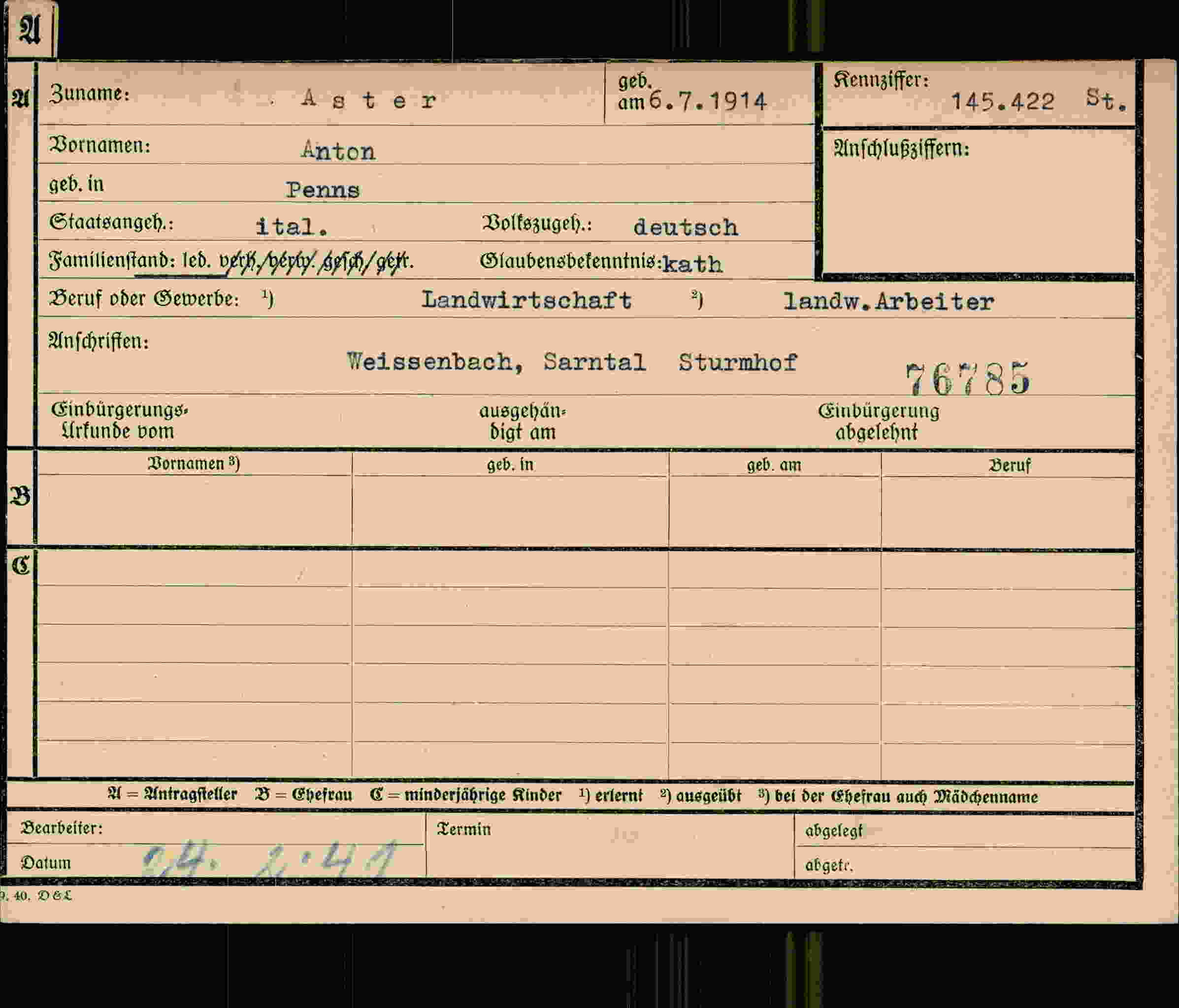 Dokument für Anton Aster