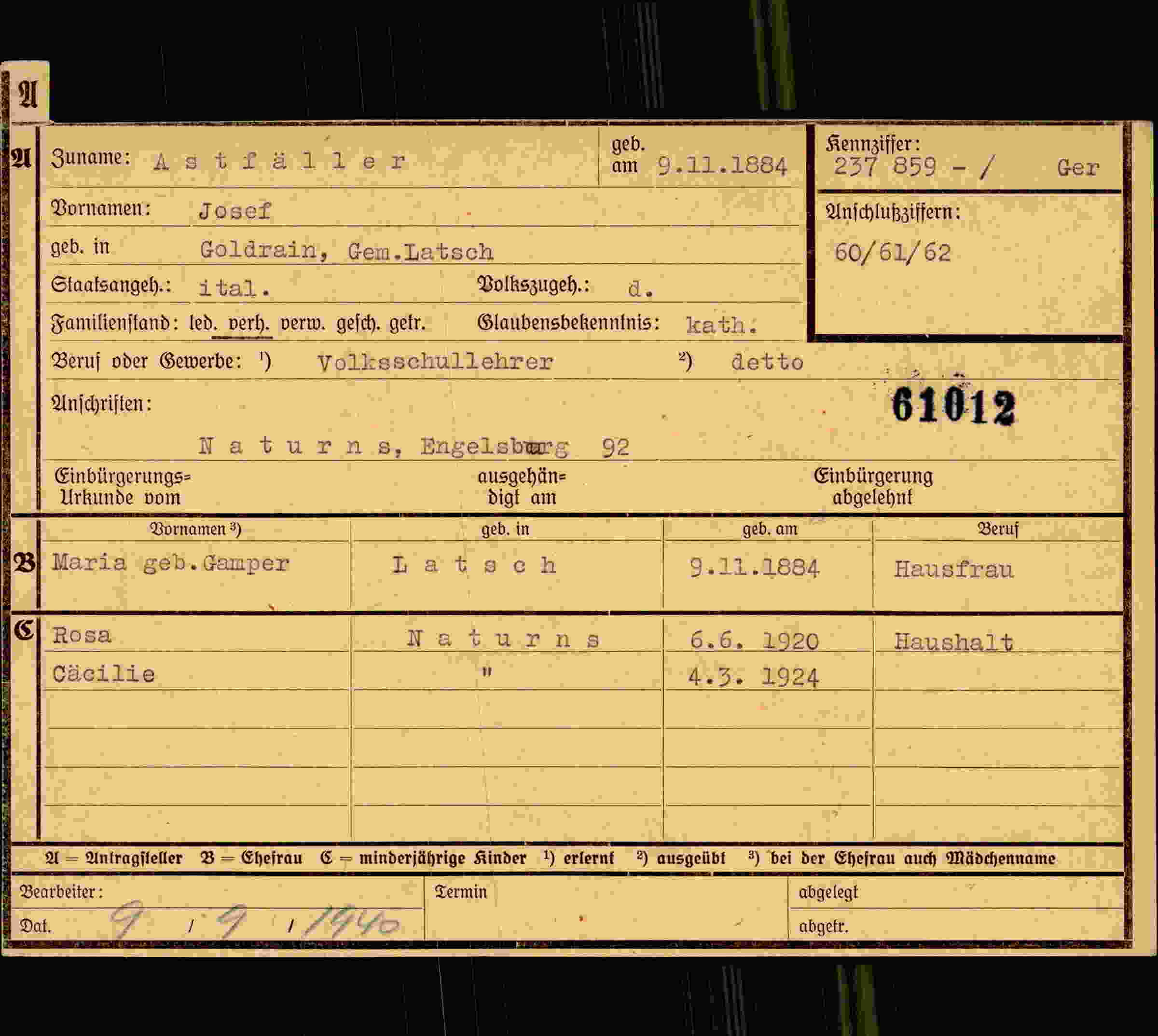 Dokument für Josef Astfäller