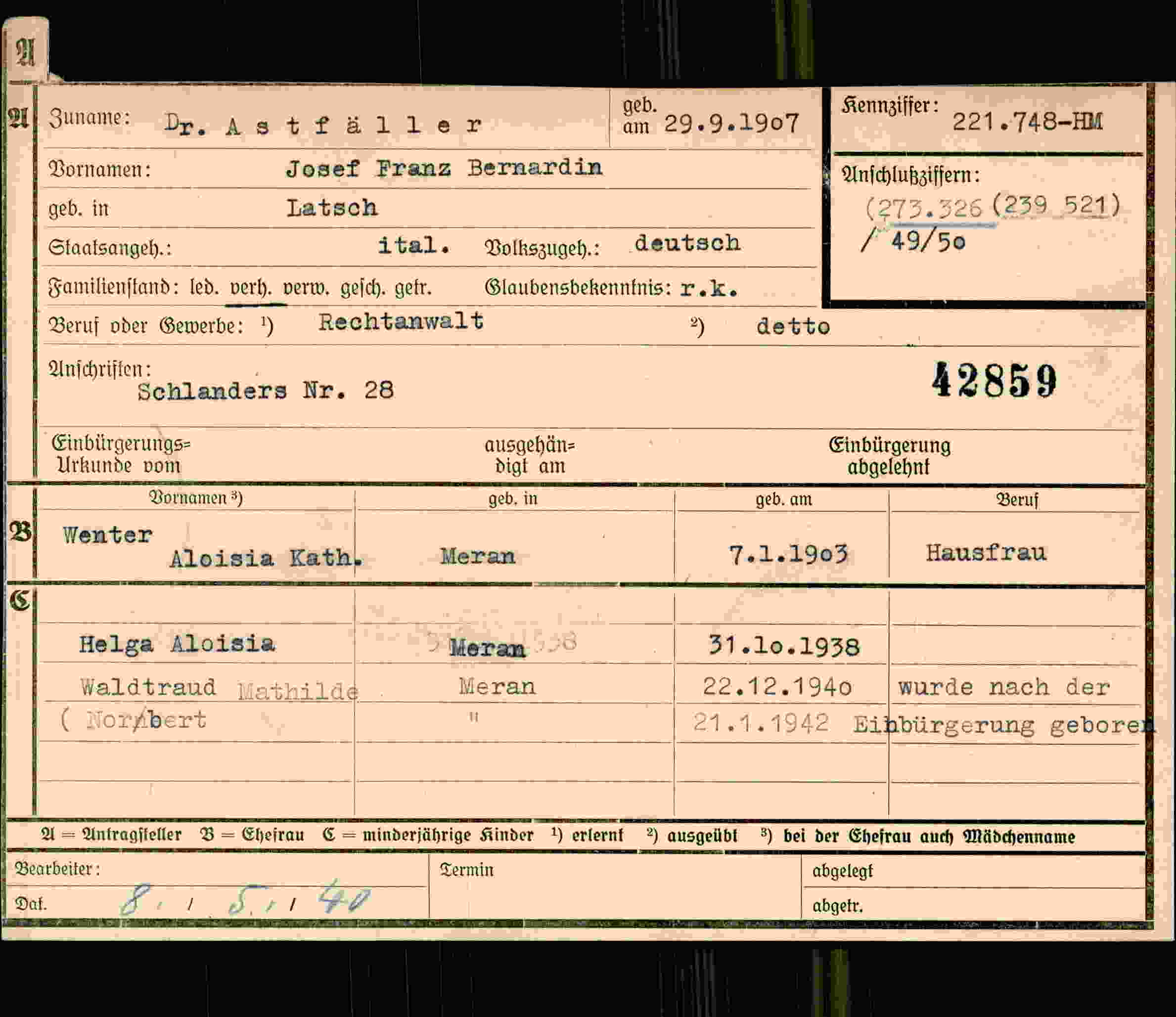 Dokument für Josef Franz Astfäller
