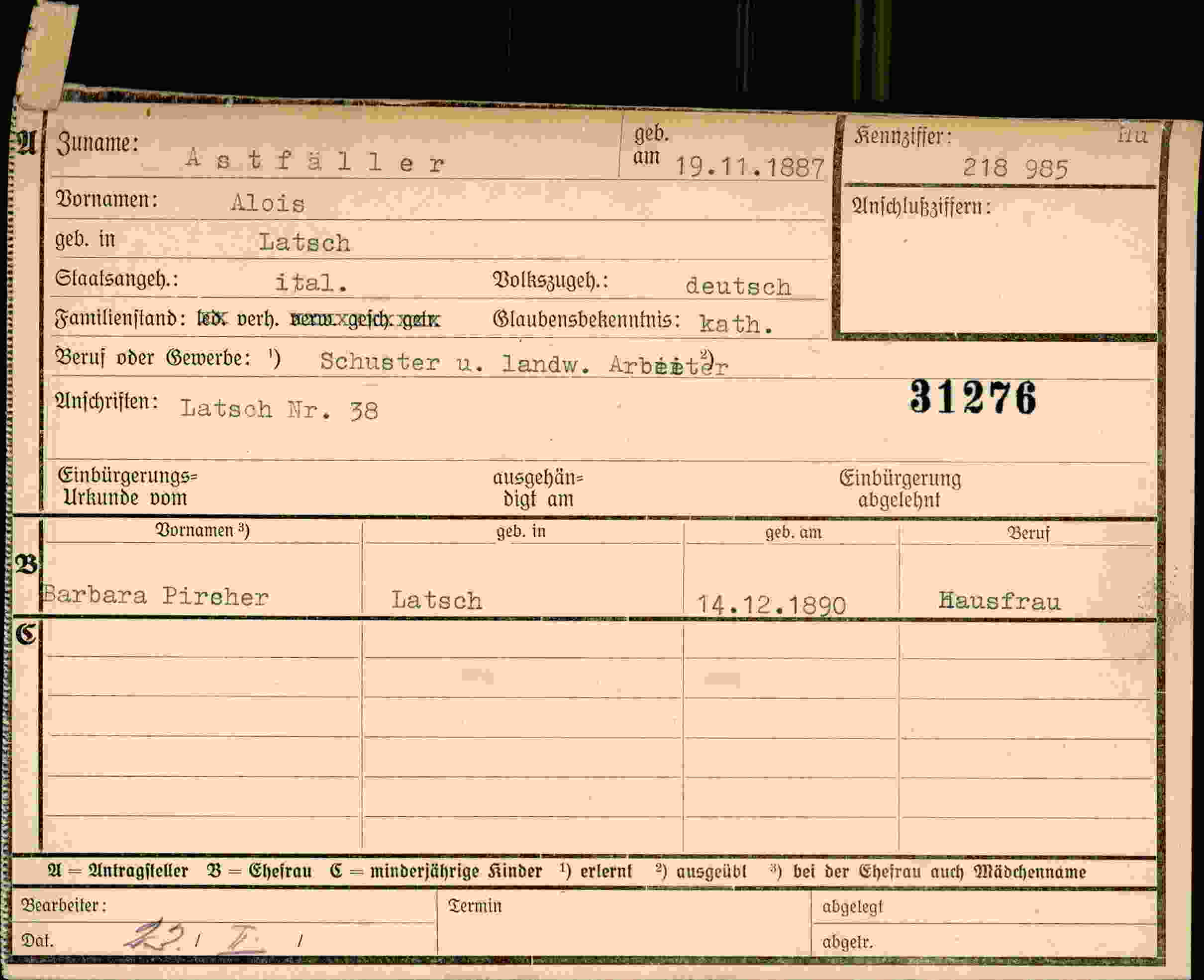 Dokument für Alois Astfäller