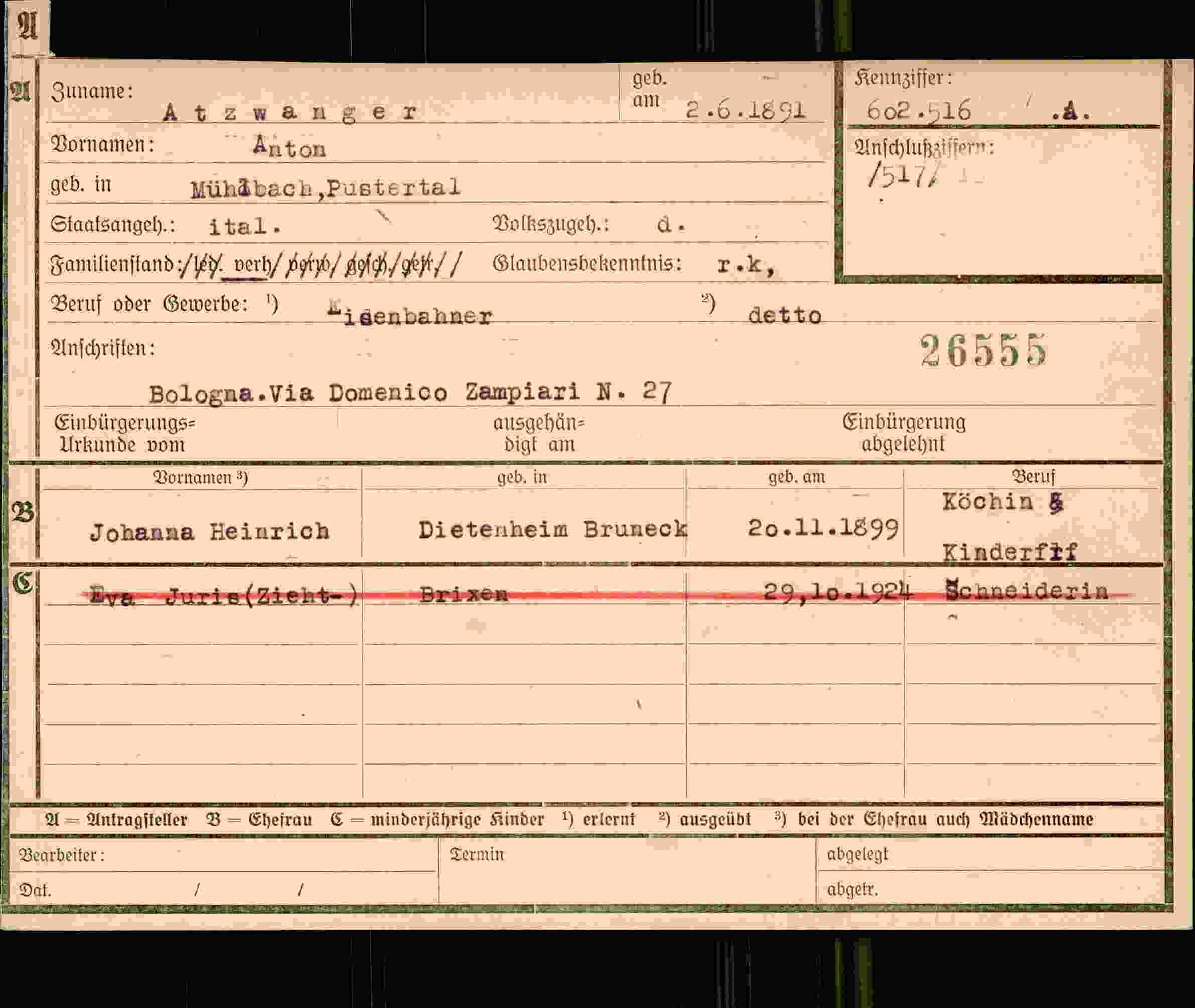 Dokument für Anton Atzwanger