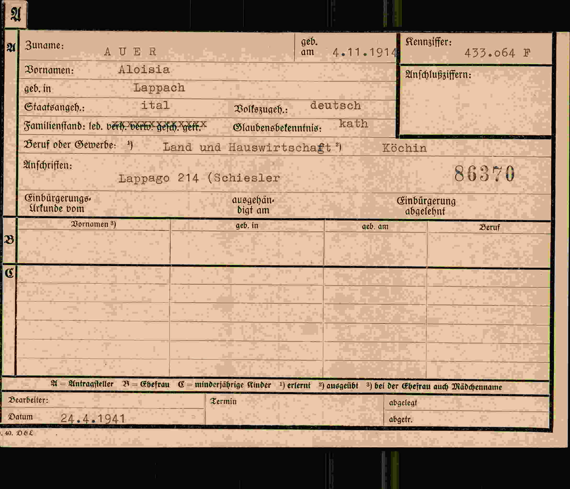 Dokument für Aloisia Auer