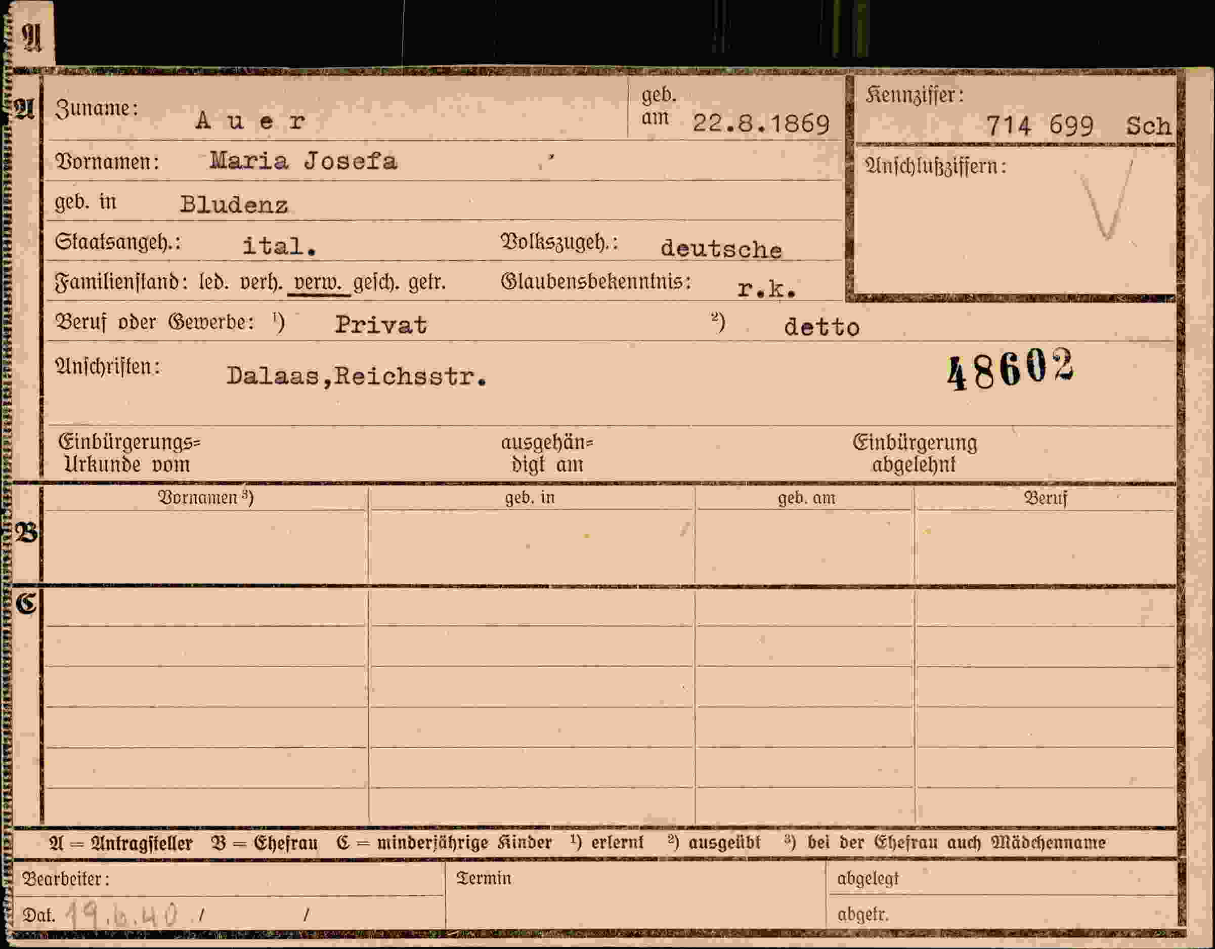 Dokument für Maria Josefa Auer