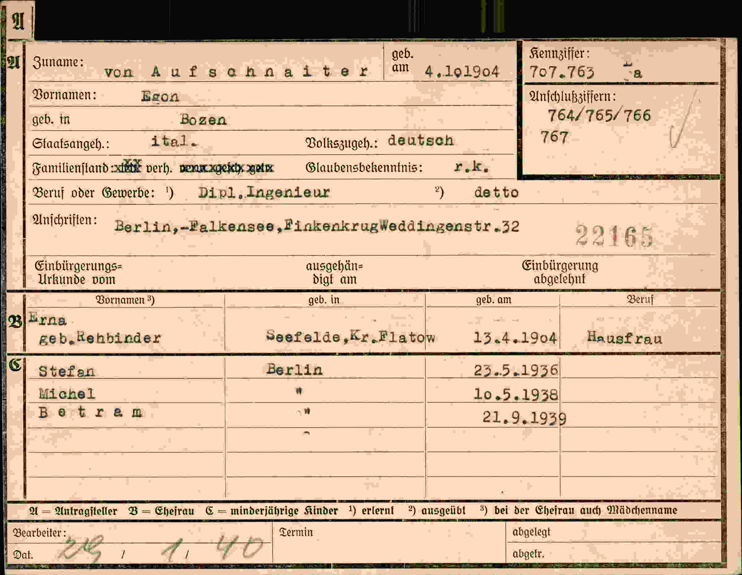 Dokument für Egon von Aufschnaiter