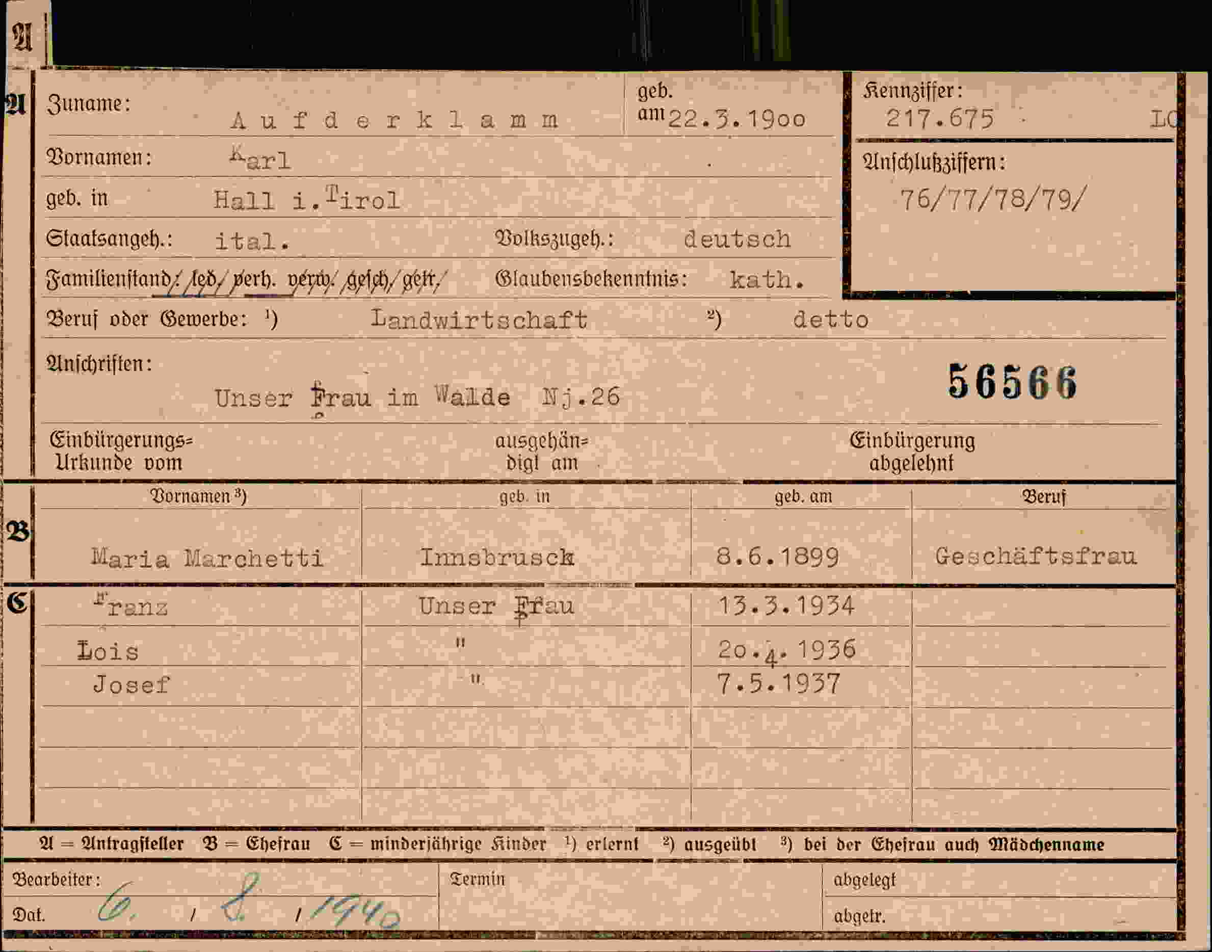 Dokument für Karl Aufderklamm